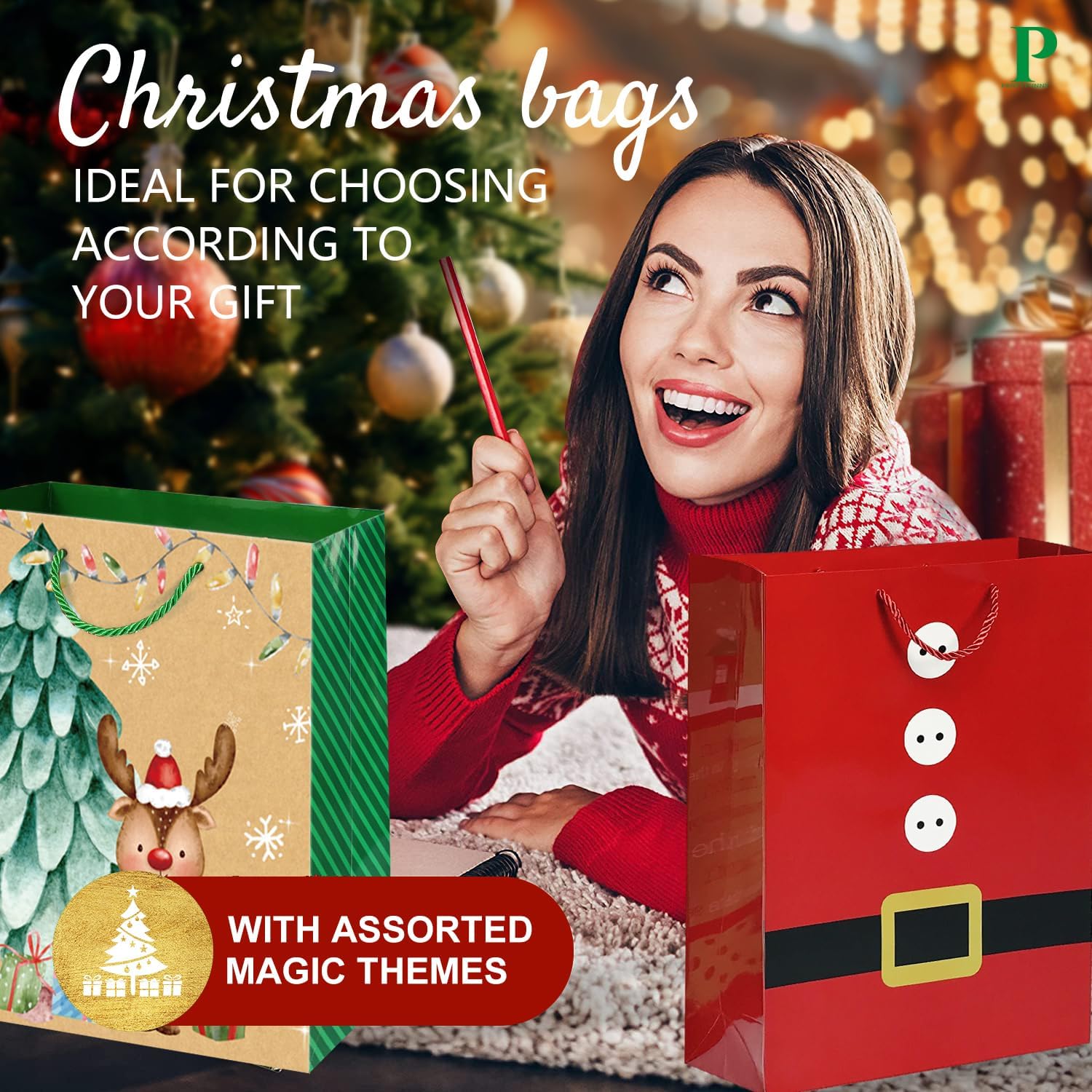 24 bolsas pequeñas de regalo de Navidad a granel con asas, 26 papel de seda y 60 etiquetas de regalo de Navidad, juego de 24 diseños surtidos de