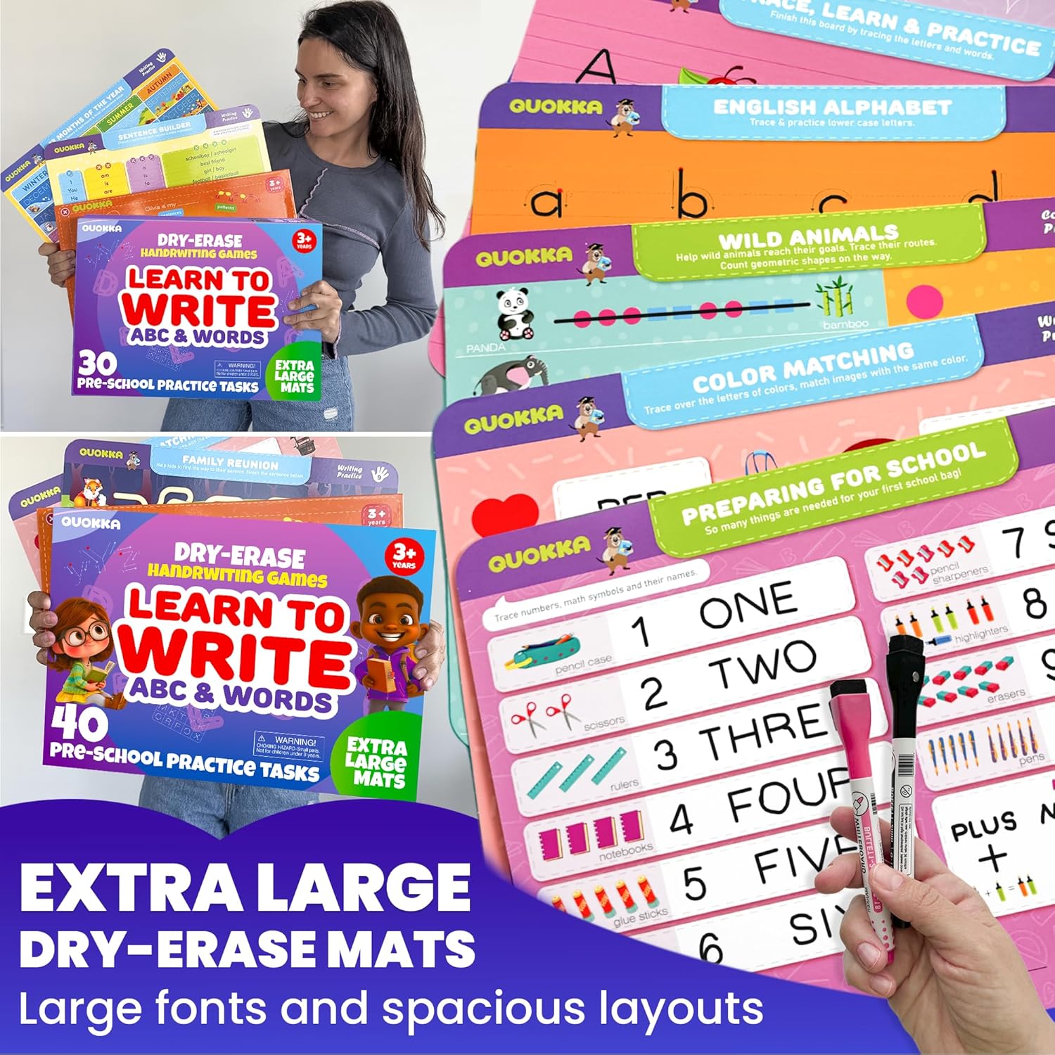Juego de 2 libros ocupados para práctica de escritura a mano para niños  Aprende a escribir para niños pequeños de 3, 4, 5 años, 24 tareas, 4