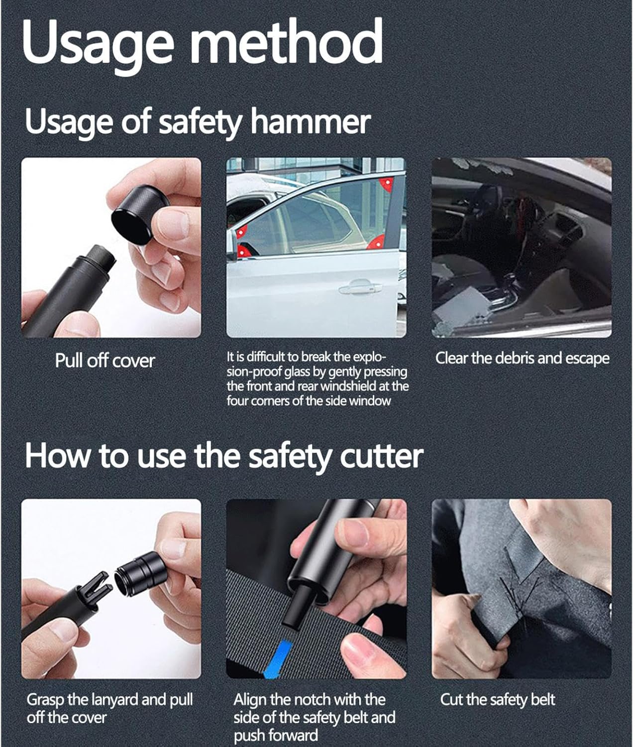 Safehammer – Martillo de seguridad, martillo de seguridad para automóvil, martillo de cristal seguro, rompedor de ventana 2 en 1 de emergencia y