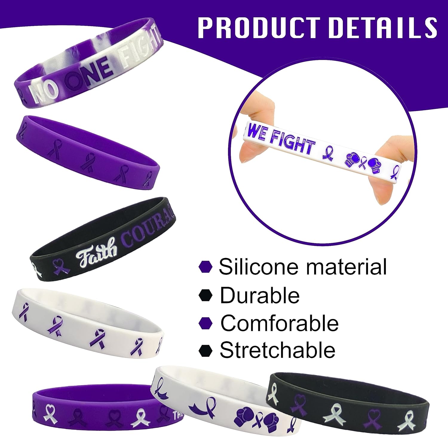 Pulseras de cinta morada, esperanza, fuerza, fe, coraje, conciencia de salud, pulseras de silicona unisex para aumentar la conciencia sobre el abuso