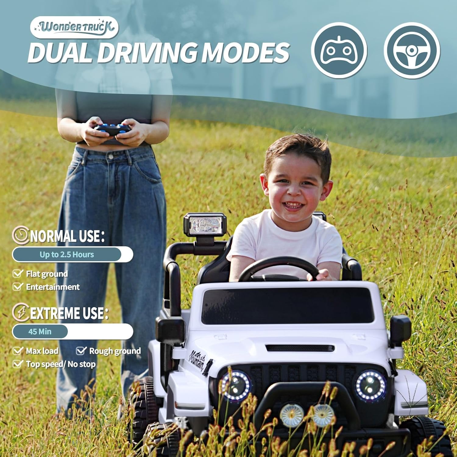 Joywhale Vehículo eléctrico motorizado para niños de 12 V, con control remoto, suspensión de 4 ruedas, luces LED, música y FM, cinturón de