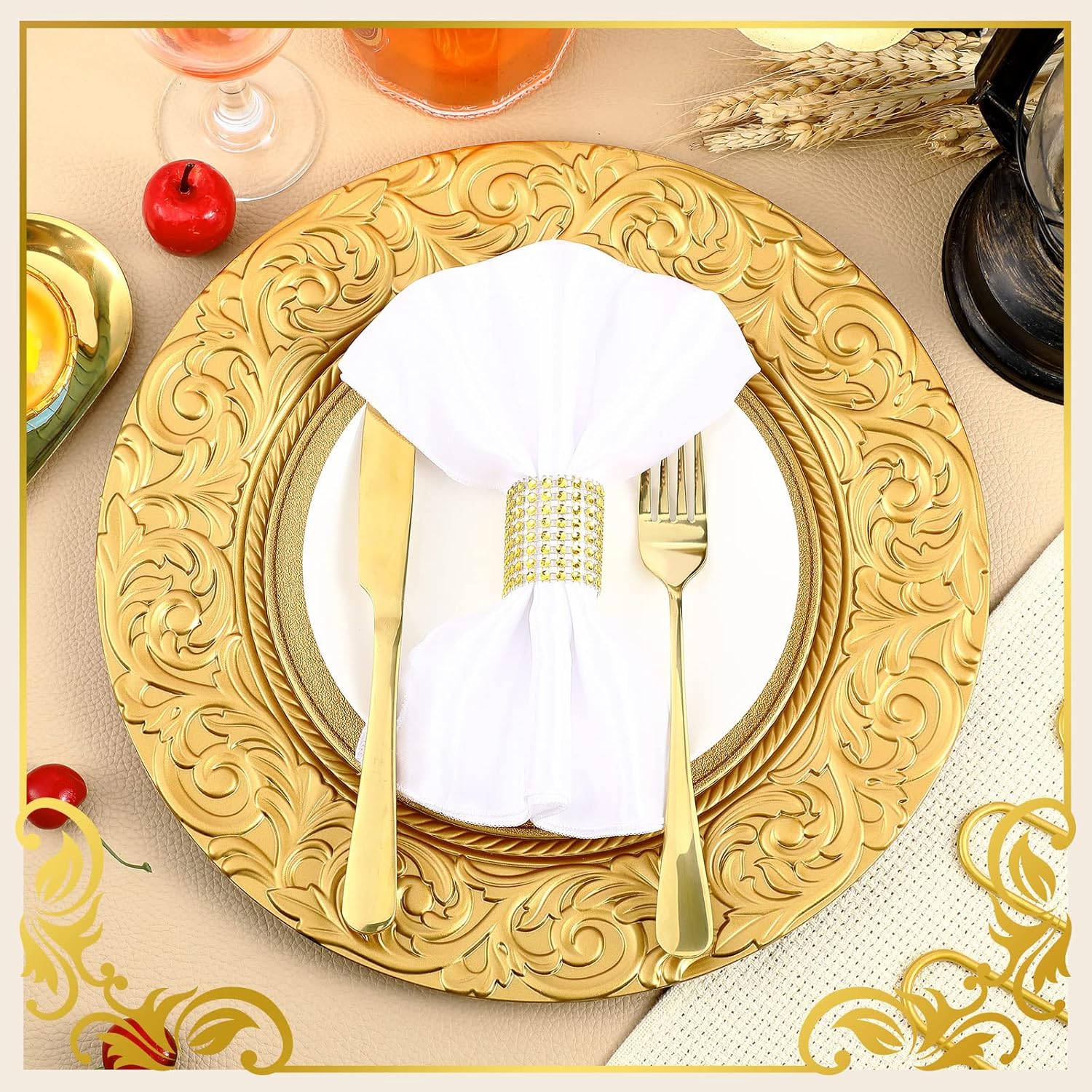 Uiifan Platos de carga antiguos a granel de plástico en relieve de 13 pulgadas, platos florales redondos para bodas, cargadores decorativos para