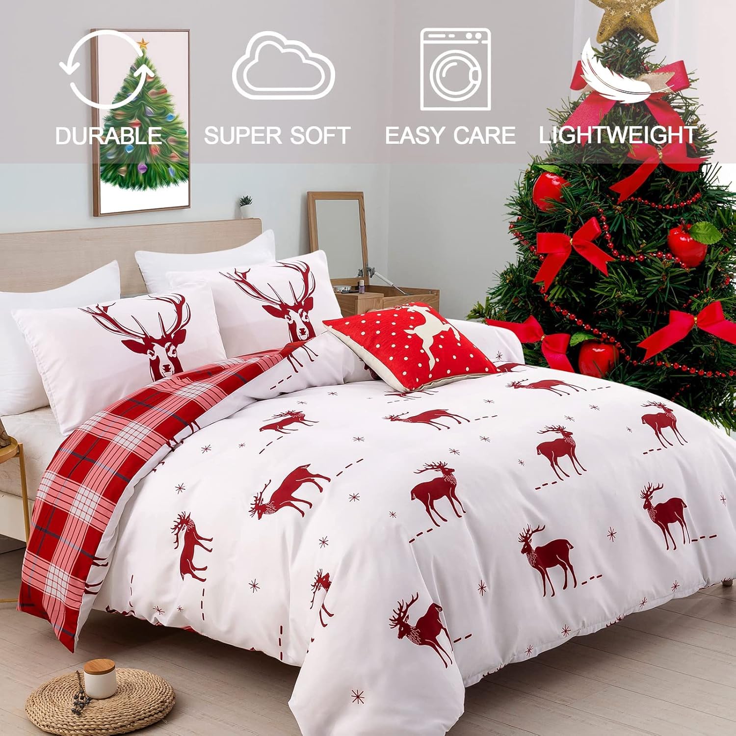Juego de funda de edredón de Navidad tamaño Queen, juego de ropa de cama reversible de 3 piezas con 2 fundas de almohada, microfibra suave, ropa de