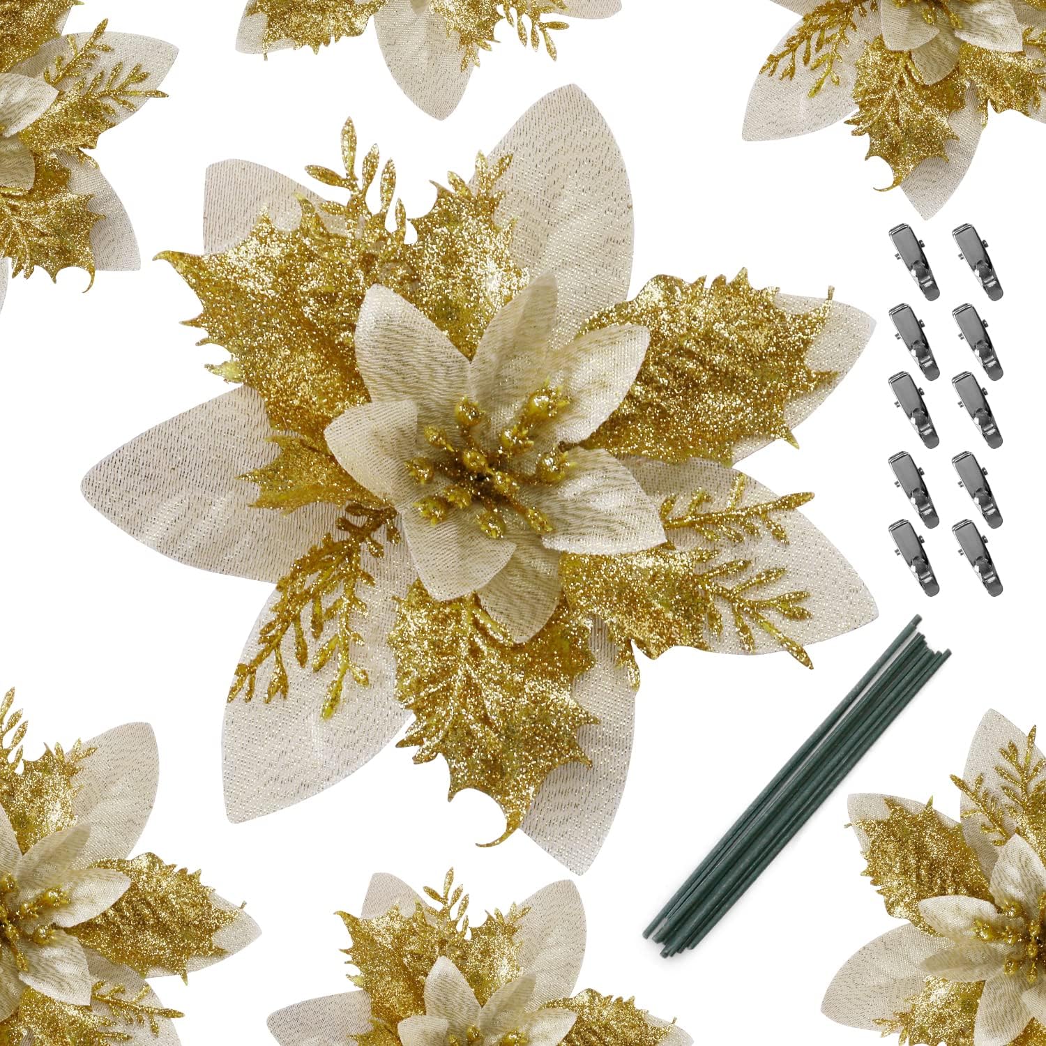 10 Pcs 13cm5.2in Poinsettia Artifical Flowers with Clips and Stems, Glitter Christmas Tree Ornaments Supplies for Xmas Wedding Party Happy New Year