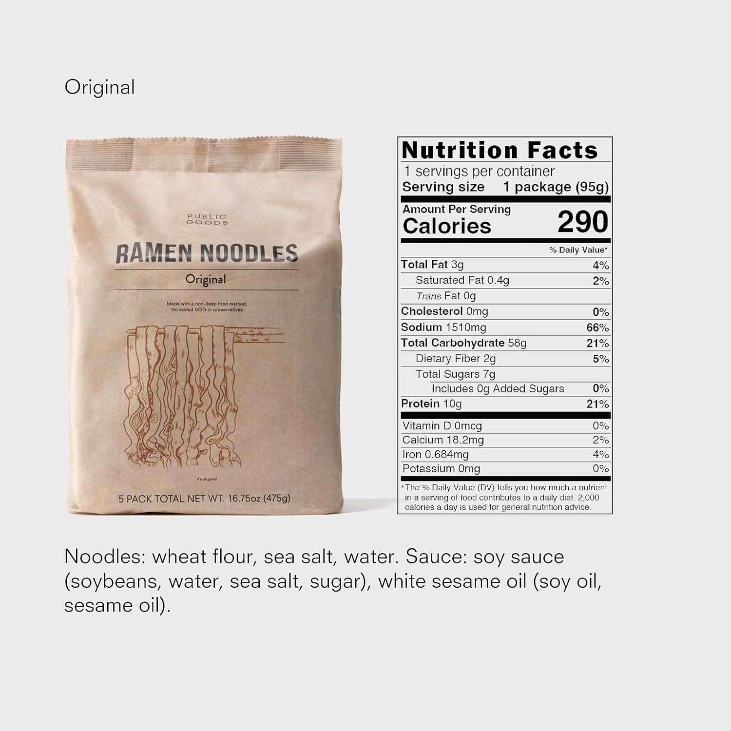 Public Goods Fideos Ramen  Fideos veganos sin caldo  Todos los ingredientes naturales  Sin conservantes  Sin MSG añadido  Original (paquete de 10)