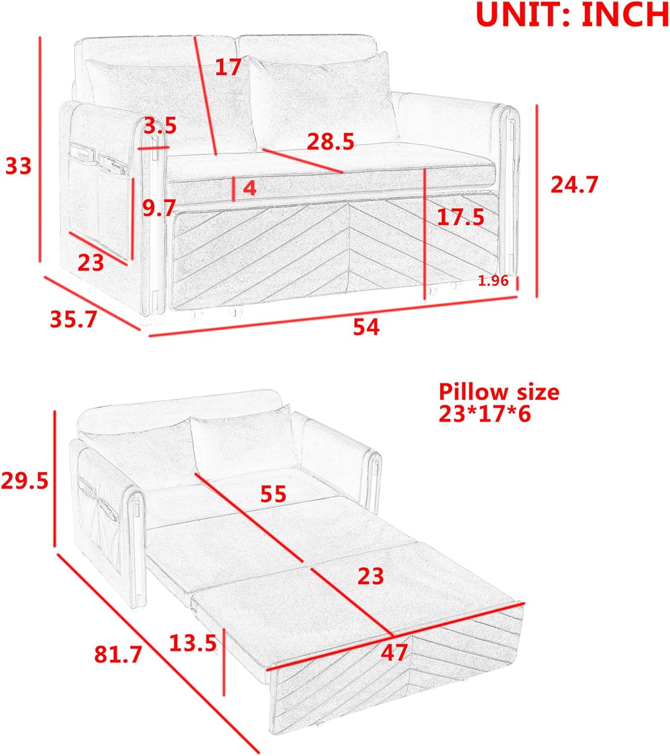 Moderno sofá cama convertible con 2 bolsillos desmontables en los brazos, sofá biplaza de terciopelo ajustable multiposición con cama extraíble con