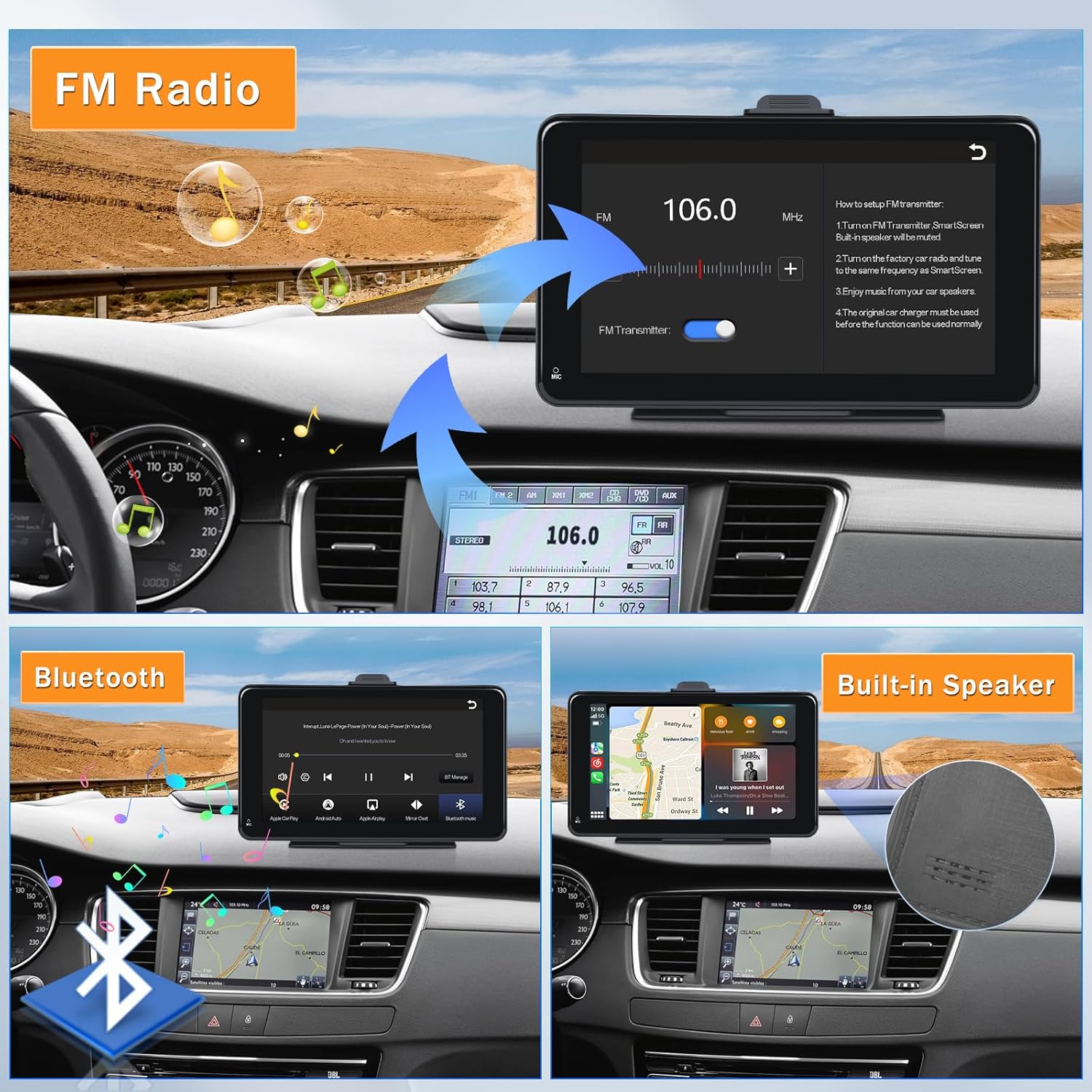 CAMECHO Estéreo inalámbrico portátil para automóvil con Apple CarPlay y Android Auto, pantalla táctil completa HD de 7 pulgadas con radio Bluetooth,