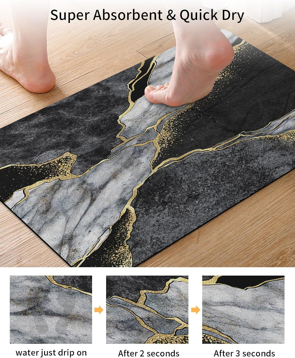Alfombras de baño de mármol negro para baño, antideslizantes, lavables, súper absorbentes, de secado rápido, tapetes de baño de lujo con grietas