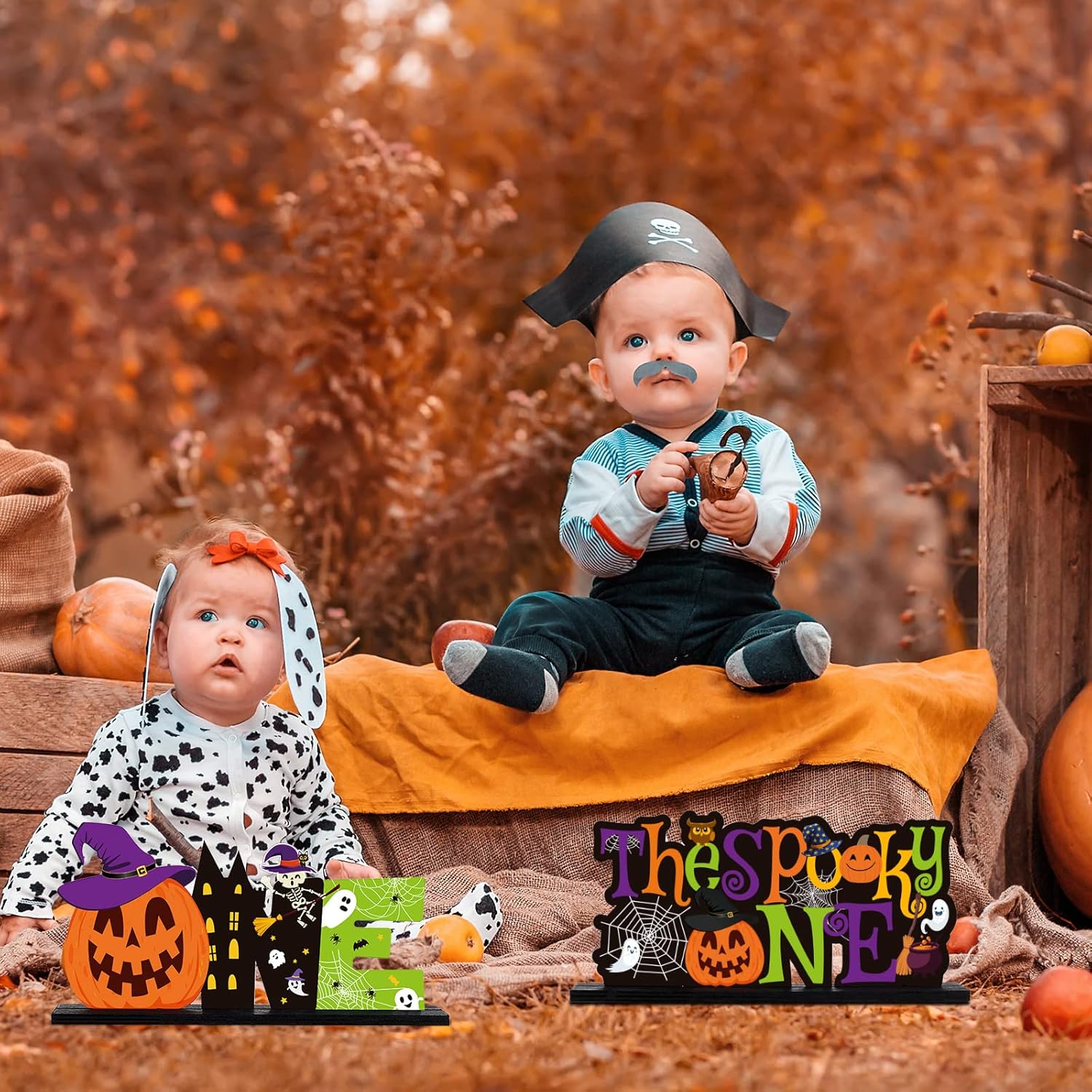 2 piezas de decoración de fiesta de primer cumpleaños con temática de Halloween, centros de mesa de madera, calabaza, una letra, para Halloween,