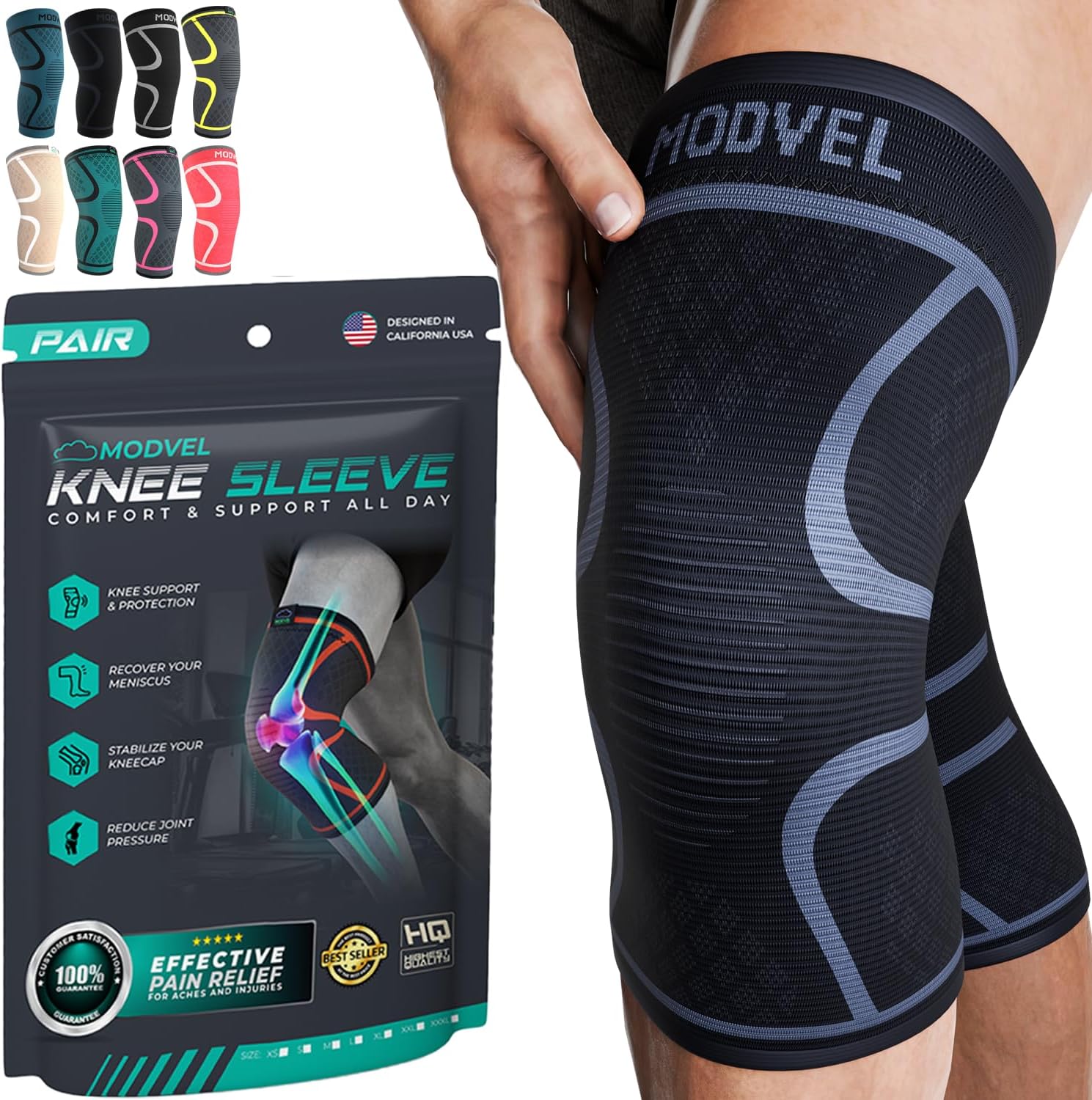 Modvel Rodillera de compresión para mujeres y hombres, para dolor de rodilla, manga de compresión para desgarro de menisco, ACL y artritis, alivio