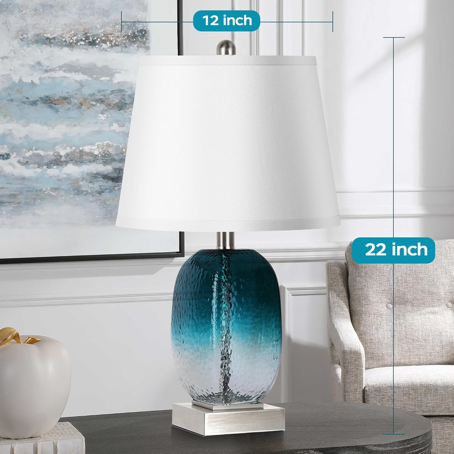 Juego de 2 lámparas de mesa con control táctil, moderna lámpara de noche de cristal verde azulado costero con 2 puertos USB, lámparas de mesa de