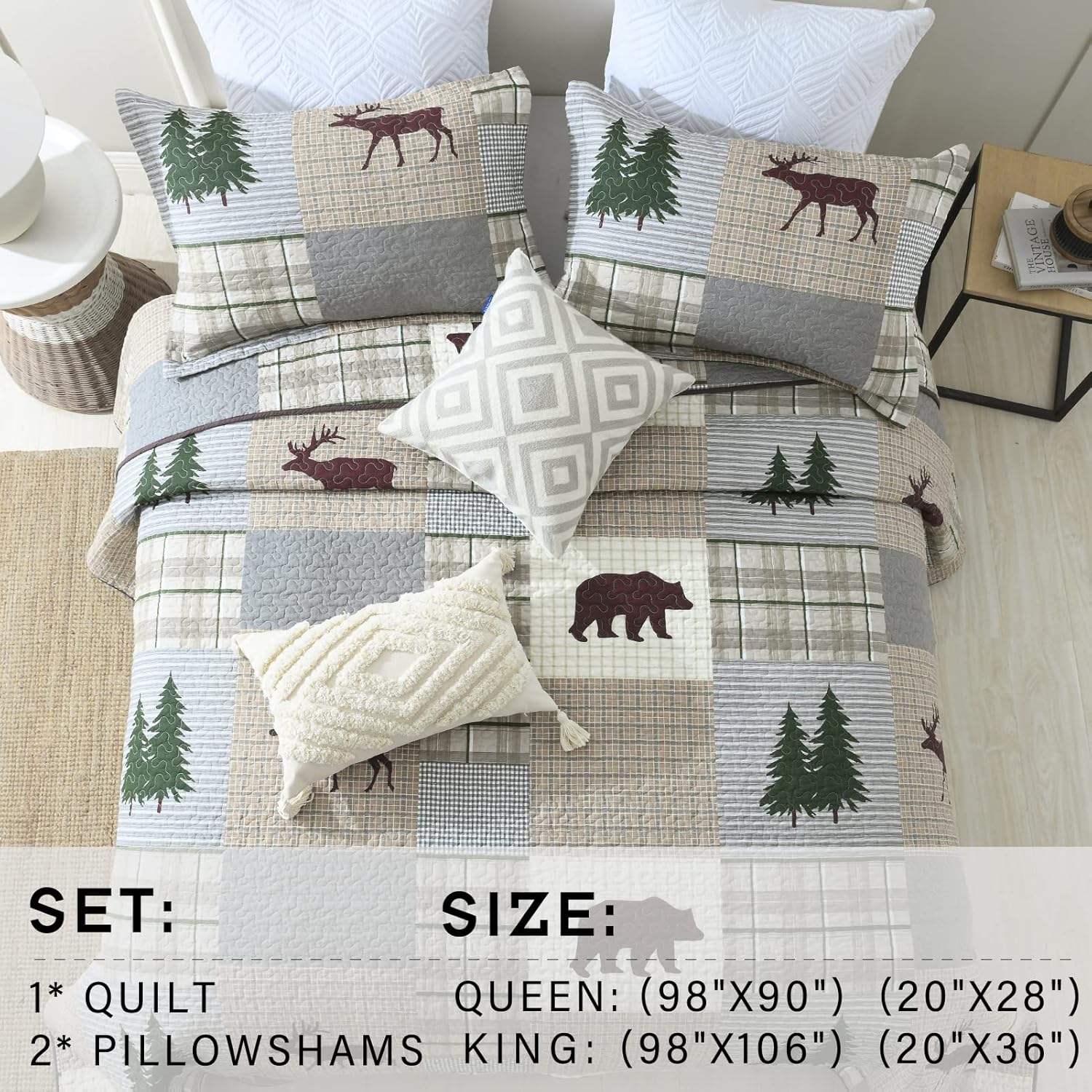 PERHOM Juego de edredón tamaño Queen  Juego de ropa de cama reversible de 100% algodón, diseño de mosaico, oso marrón, ciervo, retazos, con 2 fundas