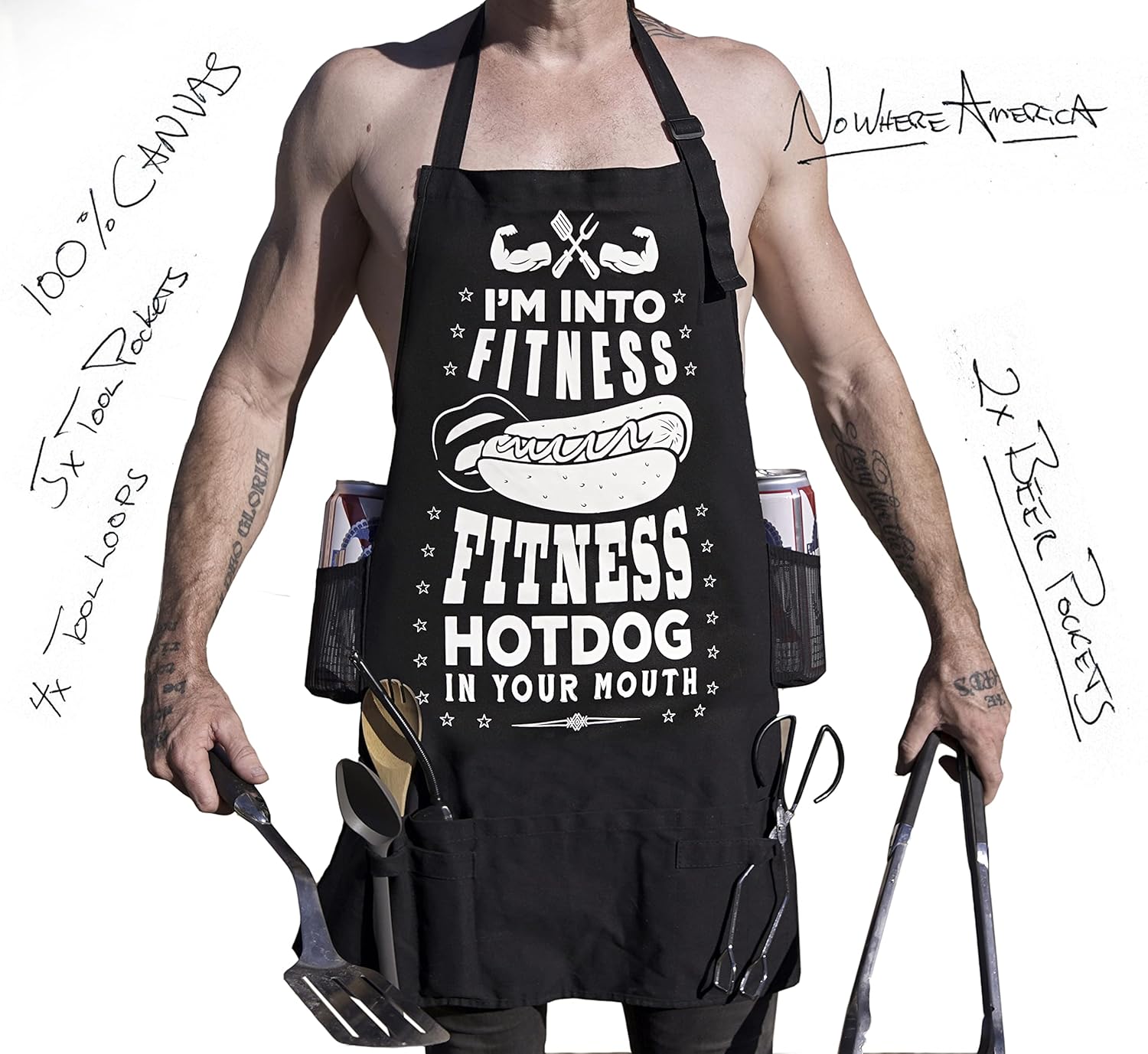 “Fitness Hotdog” – Delantal de barbacoa sucio divertido y sexy desagradable – 100% lona – 5 bolsillos – 4 trabillas para herramientas – 2 soportes