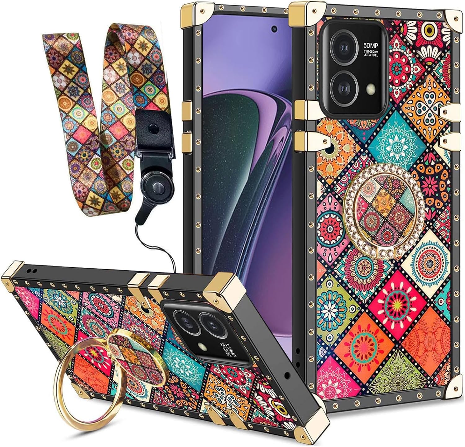 Funda cuadrada para Motorola Moto G Stylus 5G 2023 (no 20224G) con soporte de anillo, diseño de mandala retro de flores, esquinas reforzadas de