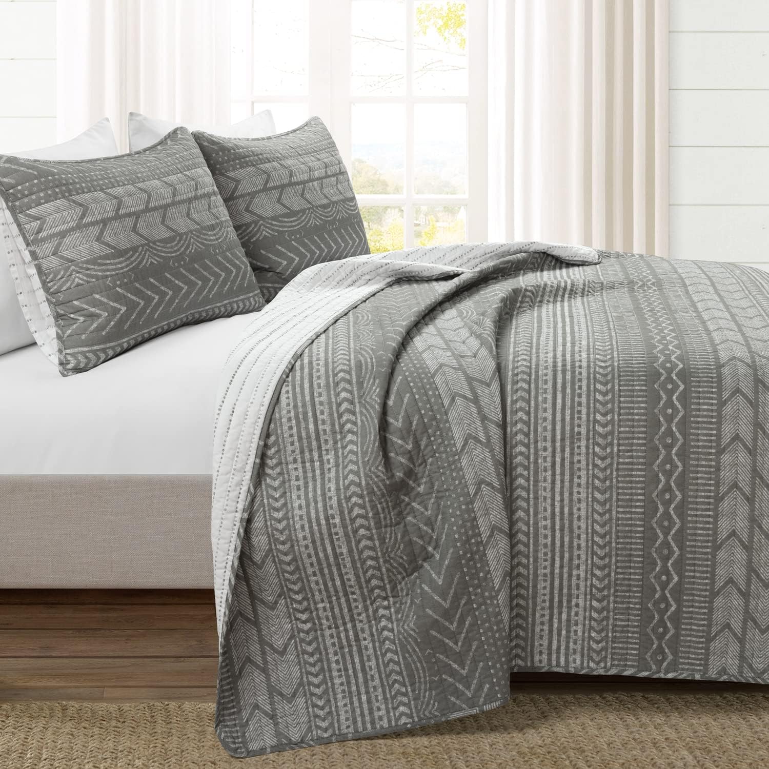 Lush Decor Hygge Geo – Juego de ropa de cama de 3 piezas con diseño a rayas, tamaño matrimonialqueen, color carbón