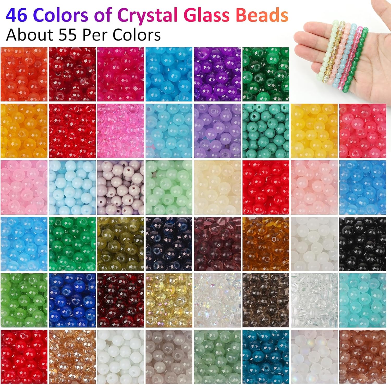XSEINO 2500 cuentas redondas de vidrio de 0.236 pulgadas para la fabricación de joyas, cuentas de cristal de 46 colores para pulseras, fabricación