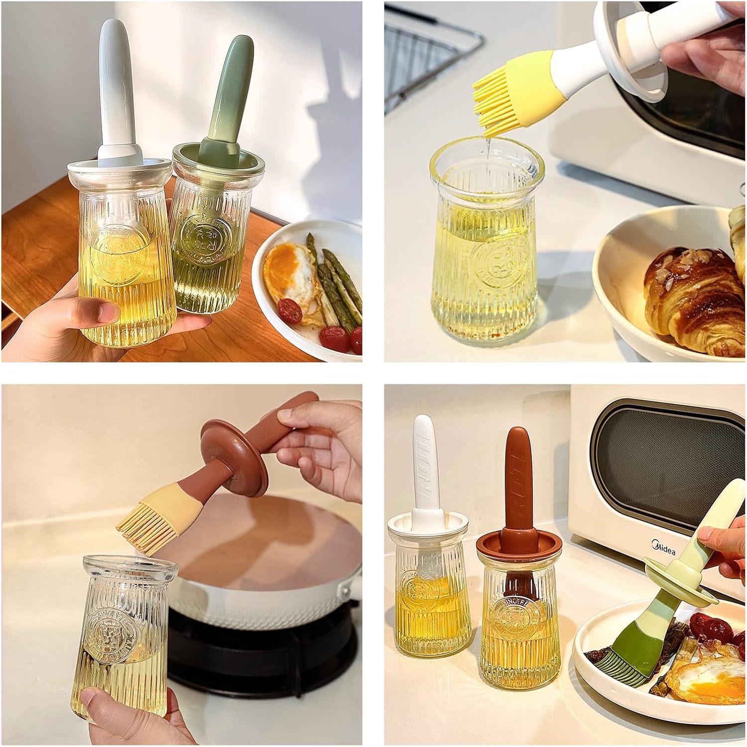 Dispensador de aceite con cepillo, dispensador de aceite de oliva de vidrio para cocina, botella dispensadora de aceite 3 en 1 con cepillo de
