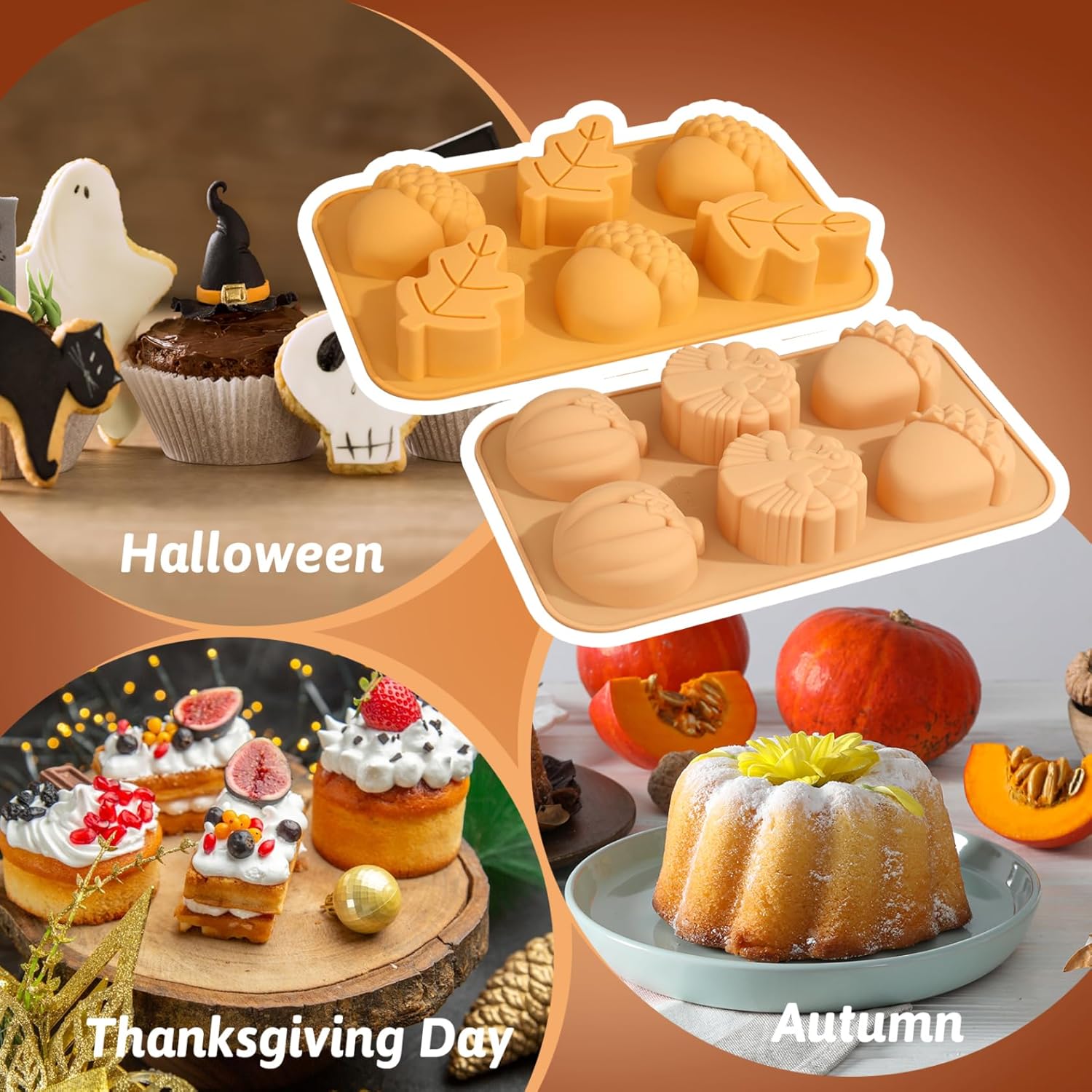 Moldes de silicona de otoño para chocolate, hojas de arce, 2 moldes de silicona de calabaza, bellotas y calabazas, moldes 3D de caramelo de
