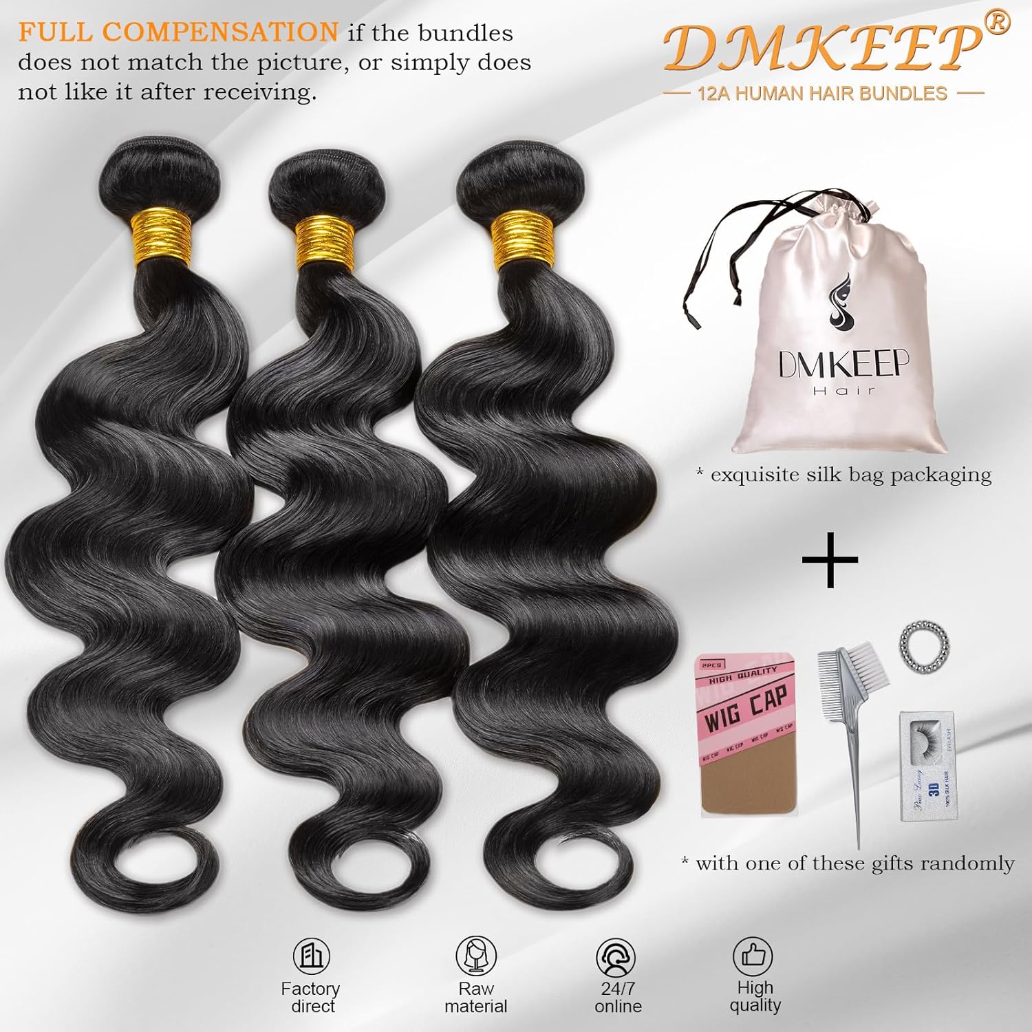 DMKEEP Manojos de cabello humano 12A de 20, 22, 24 pulgadas, paquetes de cabello humano ondulado 100% sin procesar, cabello humano virgen brasileño