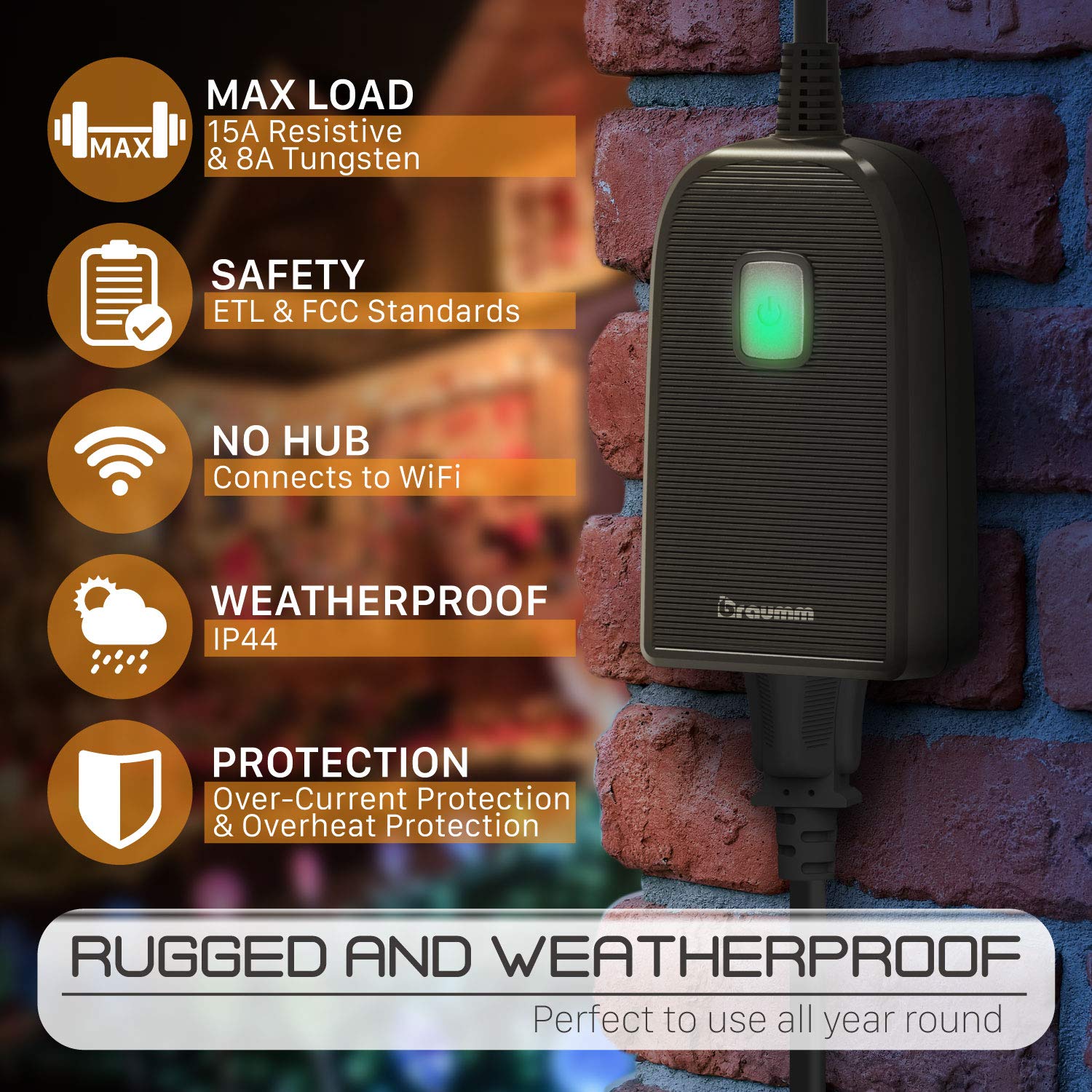 Toma de temporizador Wi-Fi para exteriores, con certificación ETL de 125 VAC15 A, monitor remoto inteligente WiFi para exteriores, resistente a la