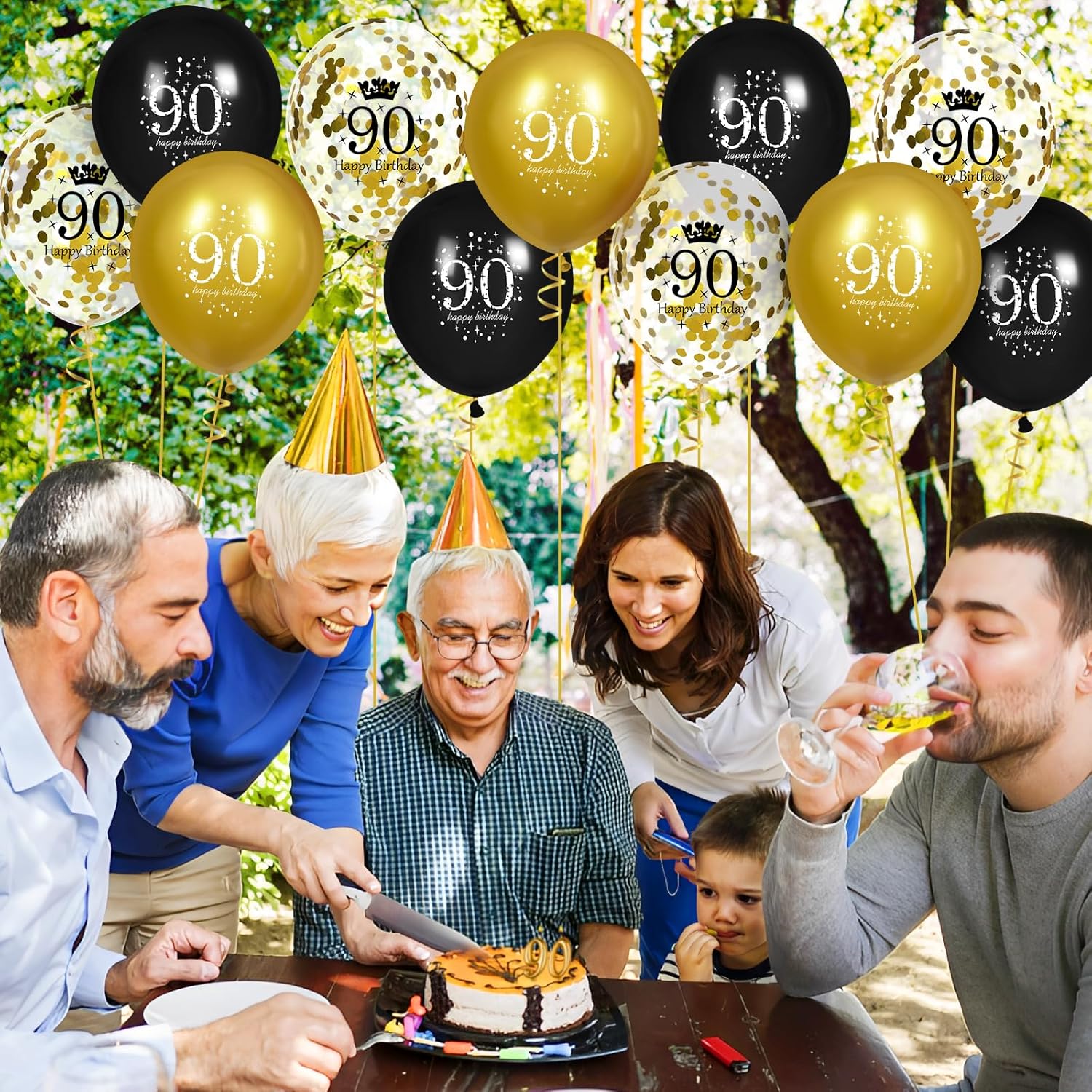 Globos de cumpleaños de 90 años para hombres, 15 globos de feliz cumpleaños de 90 años, globos negros y dorados para decoración de fiesta de