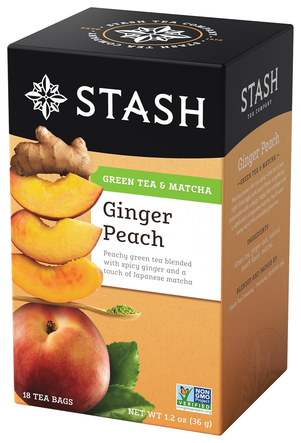 Stash Tea Ginger Peach Green Tea – Té verde con cafeína, sin OMG, verificado por proyectos, sin ingredientes artificiales, 18 unidades (paquete de