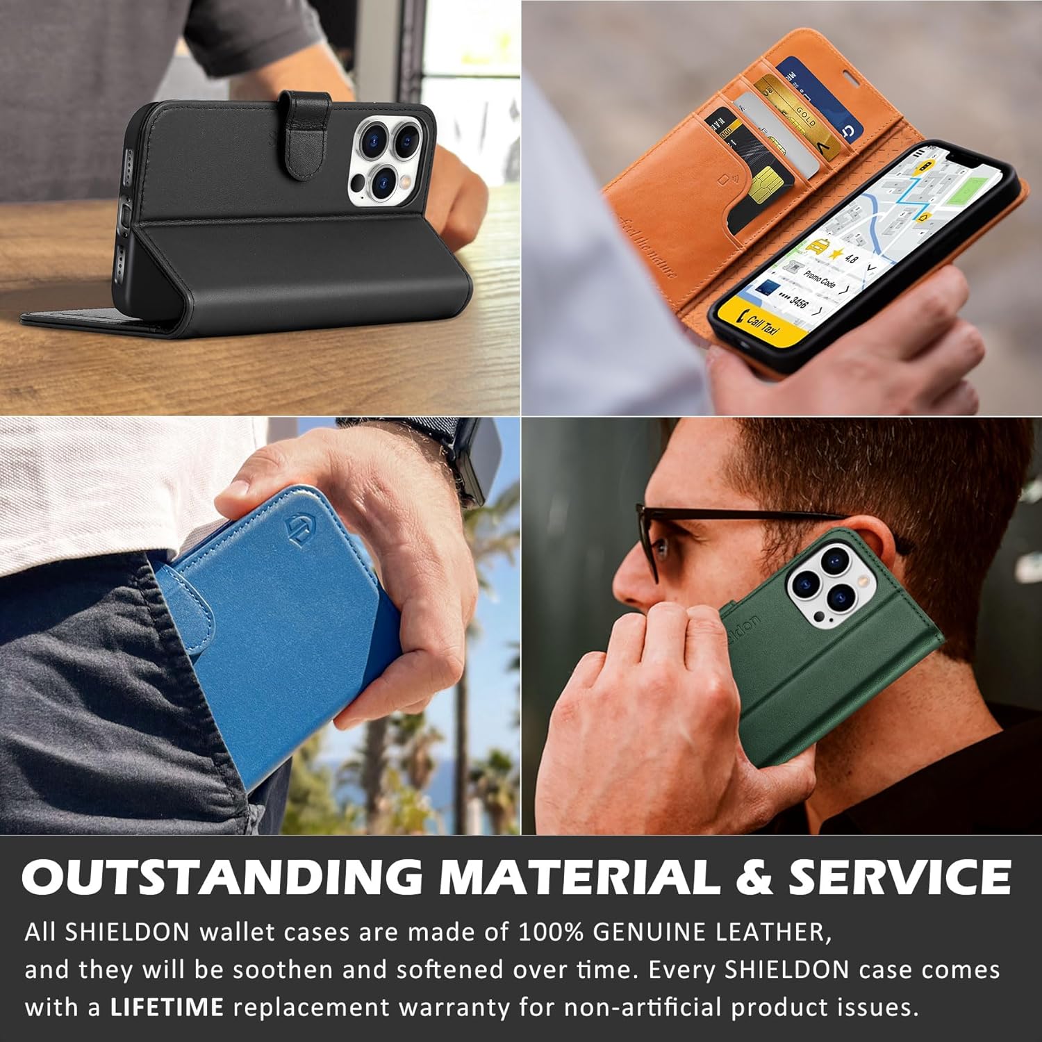 SHIELDON Funda para iPhone 13 Pro 5G, de piel auténtica, con función atril, bloqueo RFID, tarjetero y cierre magnético, funda de protección