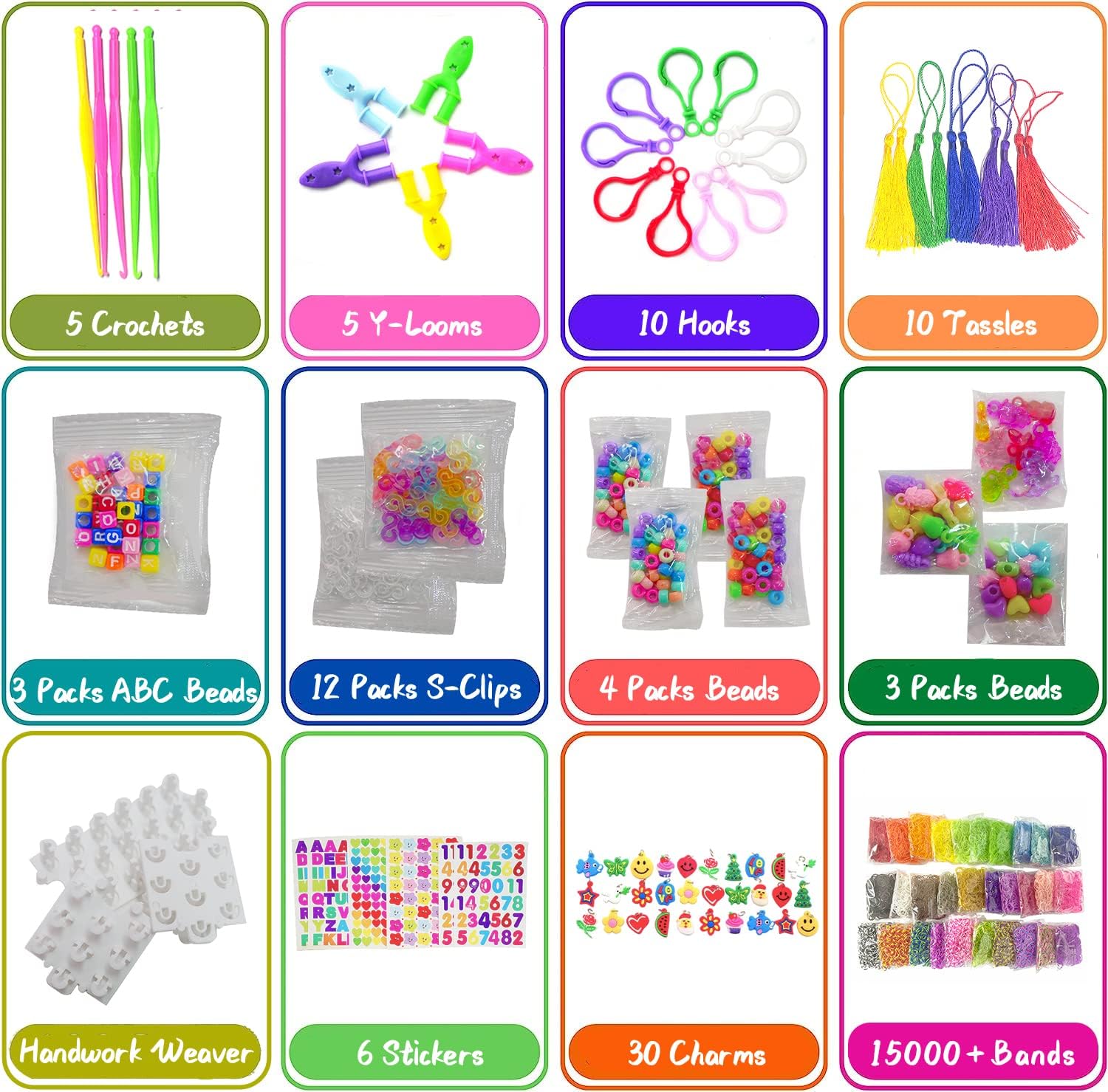 Hismo Kit de bandas de goma, 15000 bandas de telar coloridas con dijes, cuentas y accesorios de bricolaje en organizador, kit de fabricación de