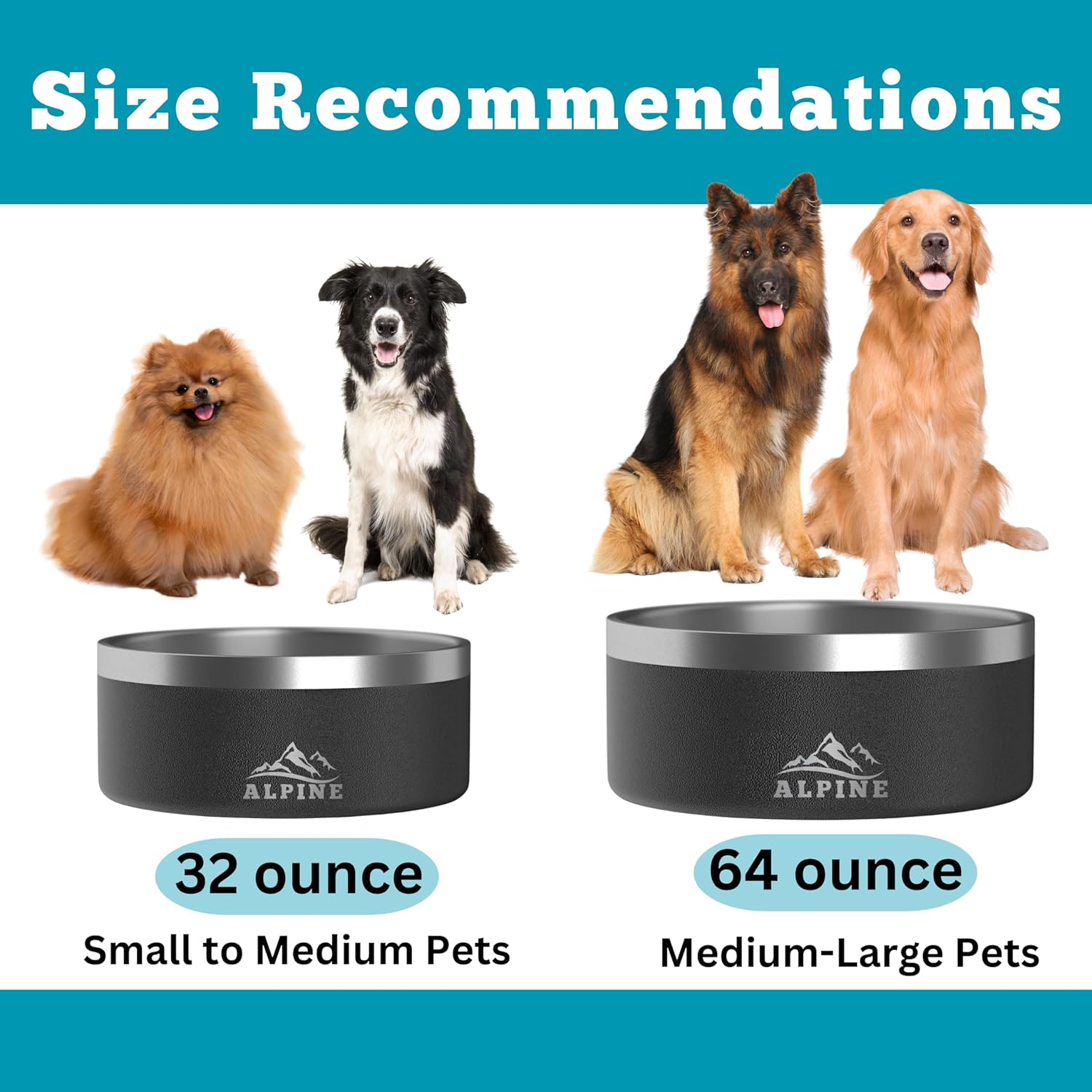 ALPINE Juego de 2 cuencos de acero inoxidable para perros, antideslizantes, de metal para alimentos y agua, aislamiento de doble pared, a prueba de
