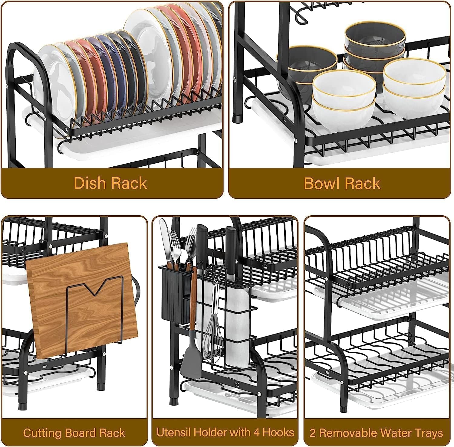 Escurridor de platos, juego de 2 niveles de acero inoxidable con soporte para cubiertos, soporte para tabla de cortar, escurridor de platos para