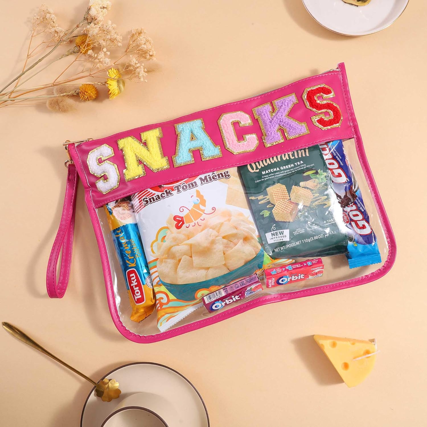 HASIOY – Bolsa transparente con parches, bolsa para aperitivos, bolsa de felpilla con letras de chenilla, bolsa de cosméticos con correas doradas