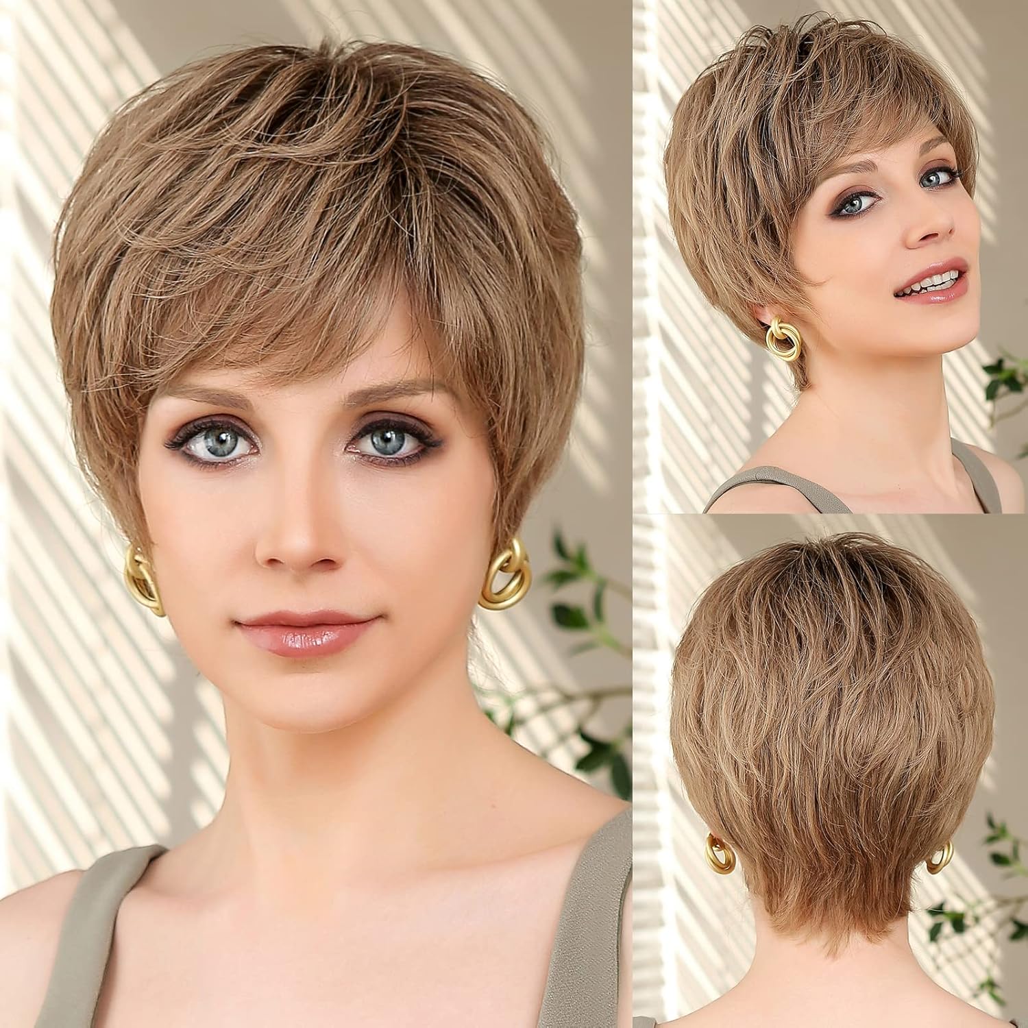 EMMOR Peluca de encaje frontal HD, peluca de cabello humano con flequillo, peluca corta natural en capas, ondulada, diferentes estilos, pelucas