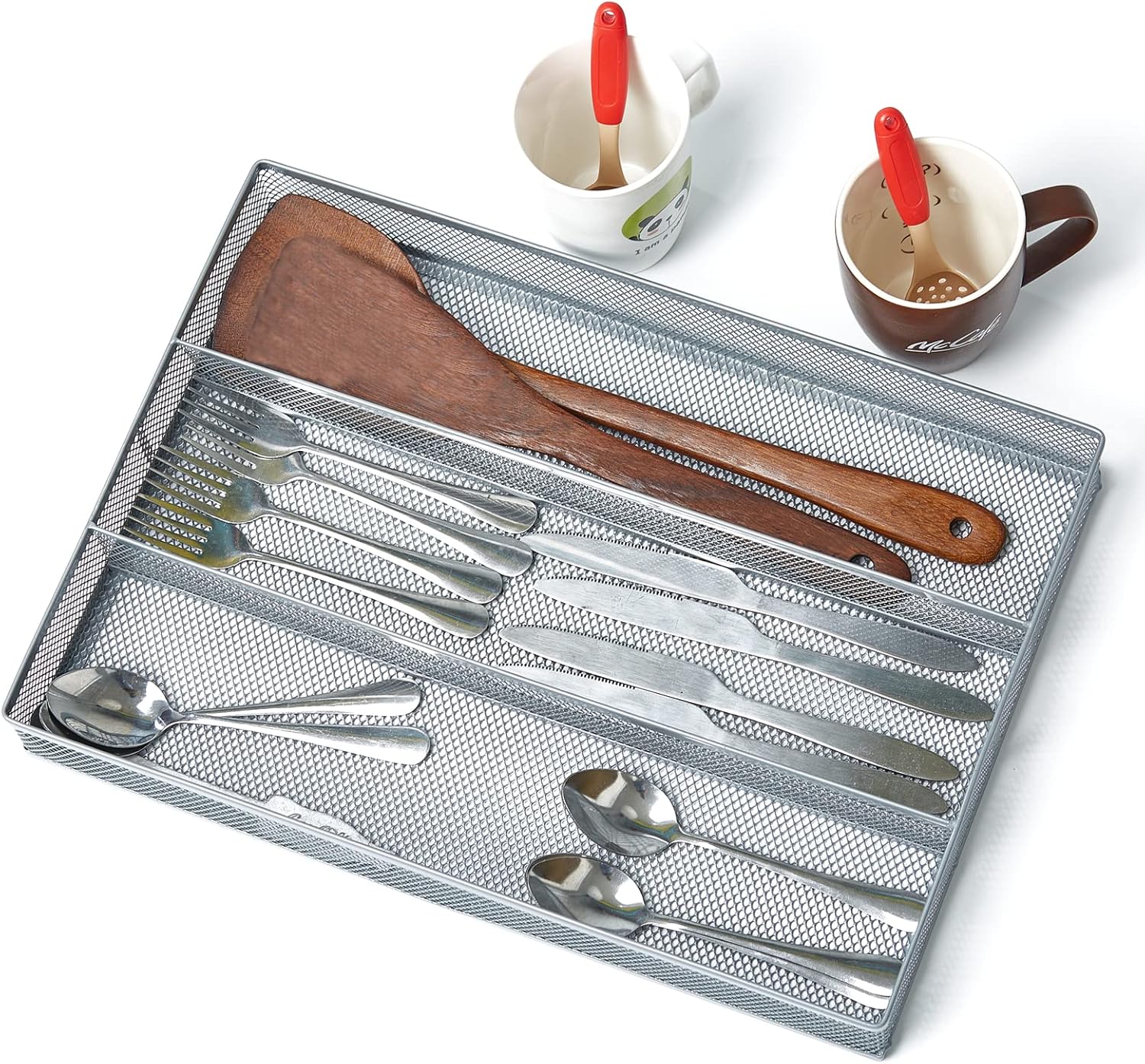 SETTFRFE Organizador de cajones de malla metálica 2P, organizador de cubiertos, soporte para cubiertos, bandeja de utensilios de cocina para cajón,