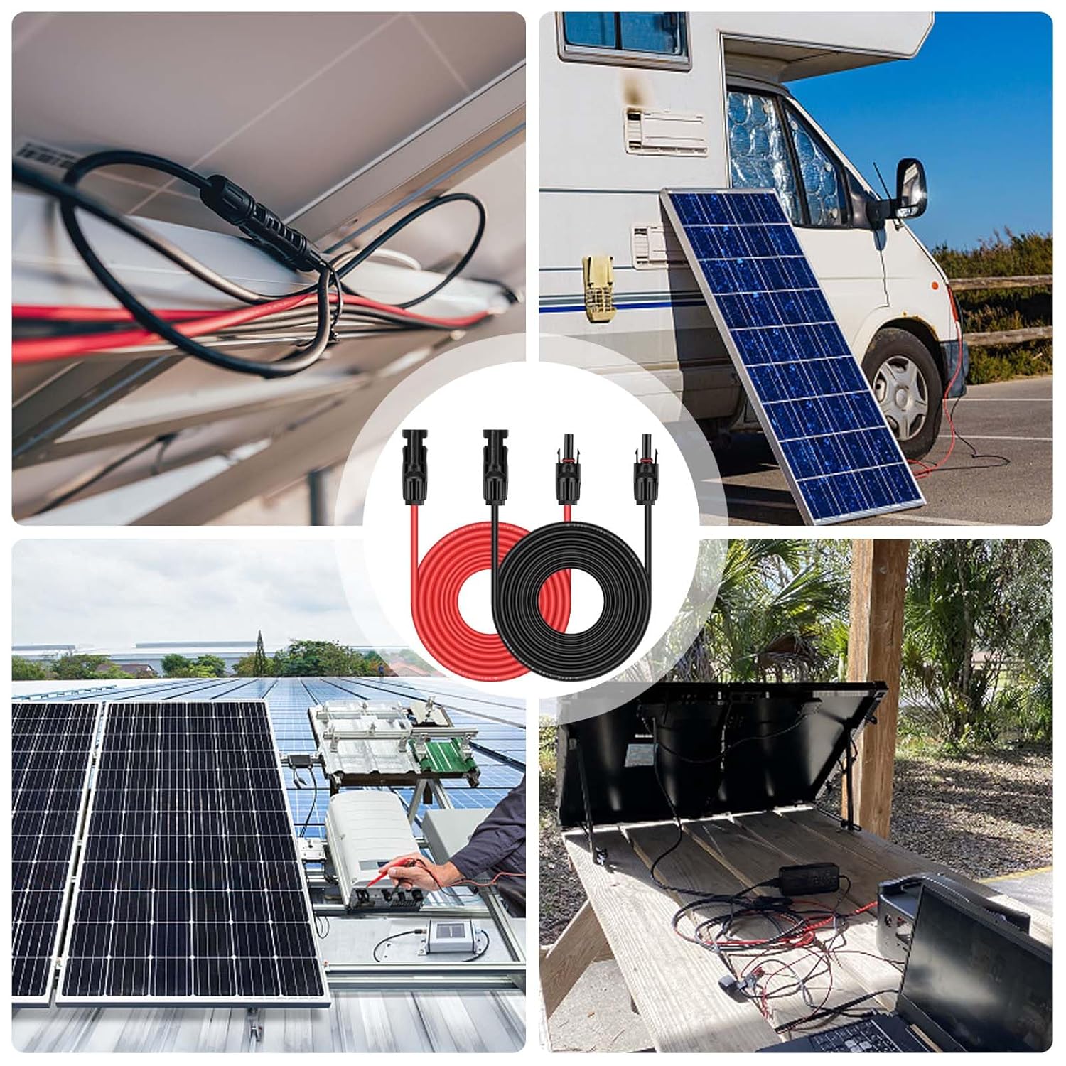 iGreely 1 par de cable de extensión de panel solar de 20 pies negro + 20 pies rojo 10 AWG (6 mm) con conectores hembra y macho