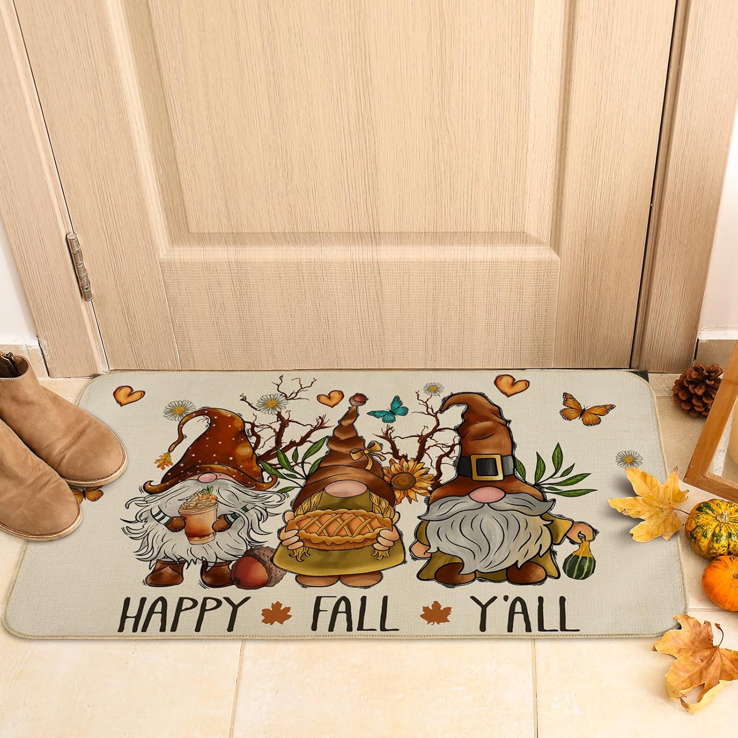 AnyDesign Happy Fall Y’all – Felpudo de otoño, gnomo, girasol, mariposa, tapete de entrada con goma antideslizante para cosecha de otoño, alfombra