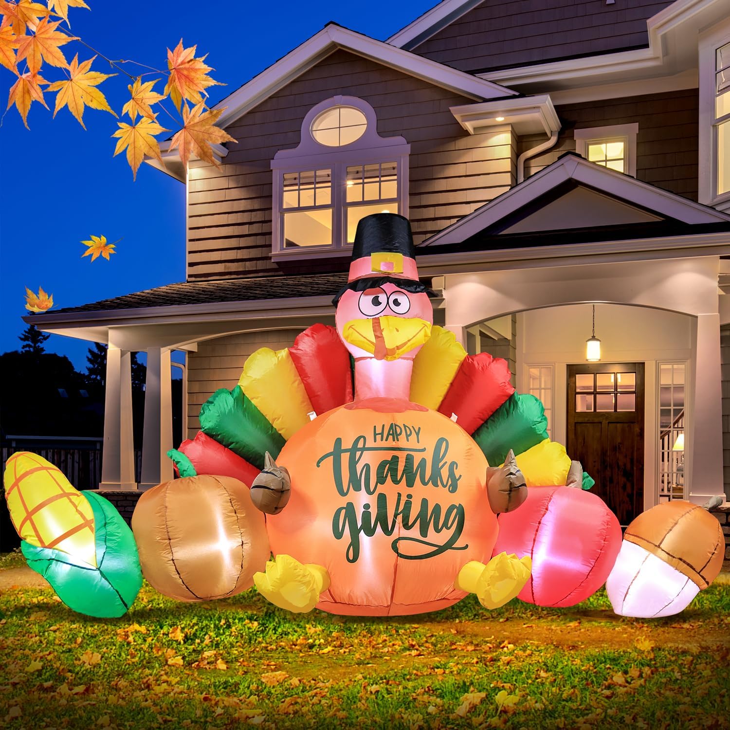 DomKom Decoraciones inflables de Acción de Gracias de 8 pies, pavo y verduras se inflan con luces LED para otoño, otoño, feliz festival de Acción de