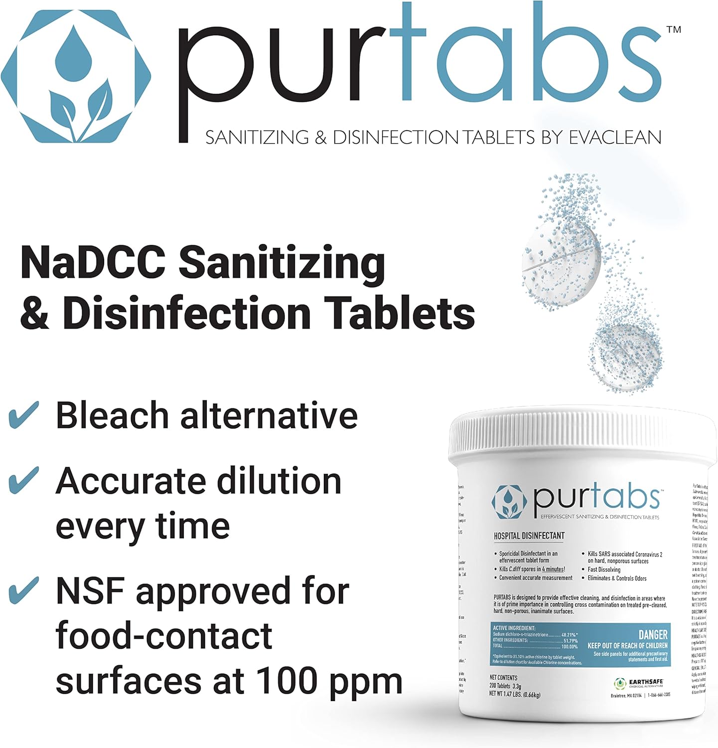 Desinfectante esporicida de tabletas NaDCC de 0.12 oz  Multiusos, pestañas concentradas de disolución para solución a granel, uso con EvaClean