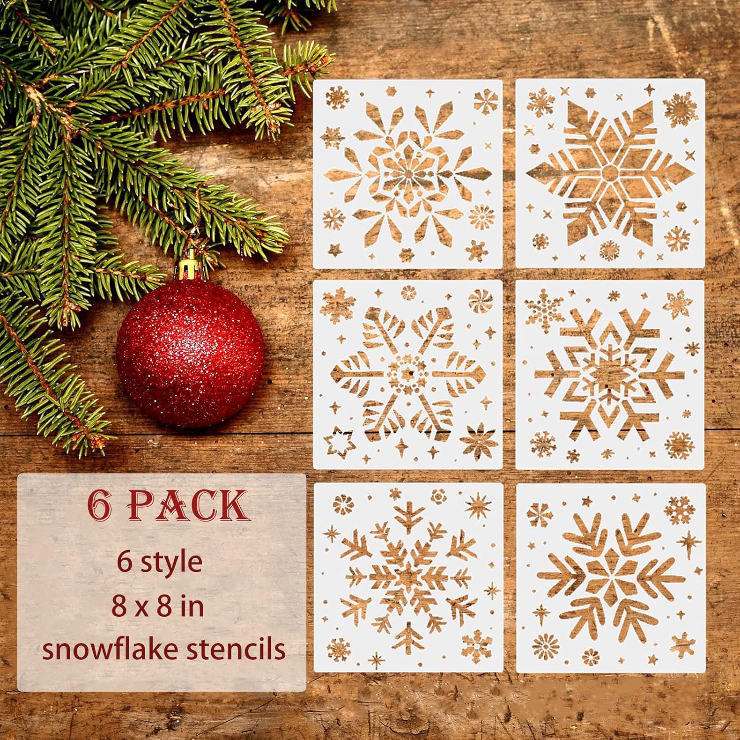 Plantillas de copo de nieve de Navidad para pintar sobre madera, paquete de 6 plantillas de Navidad grandes reutilizables para decoración de