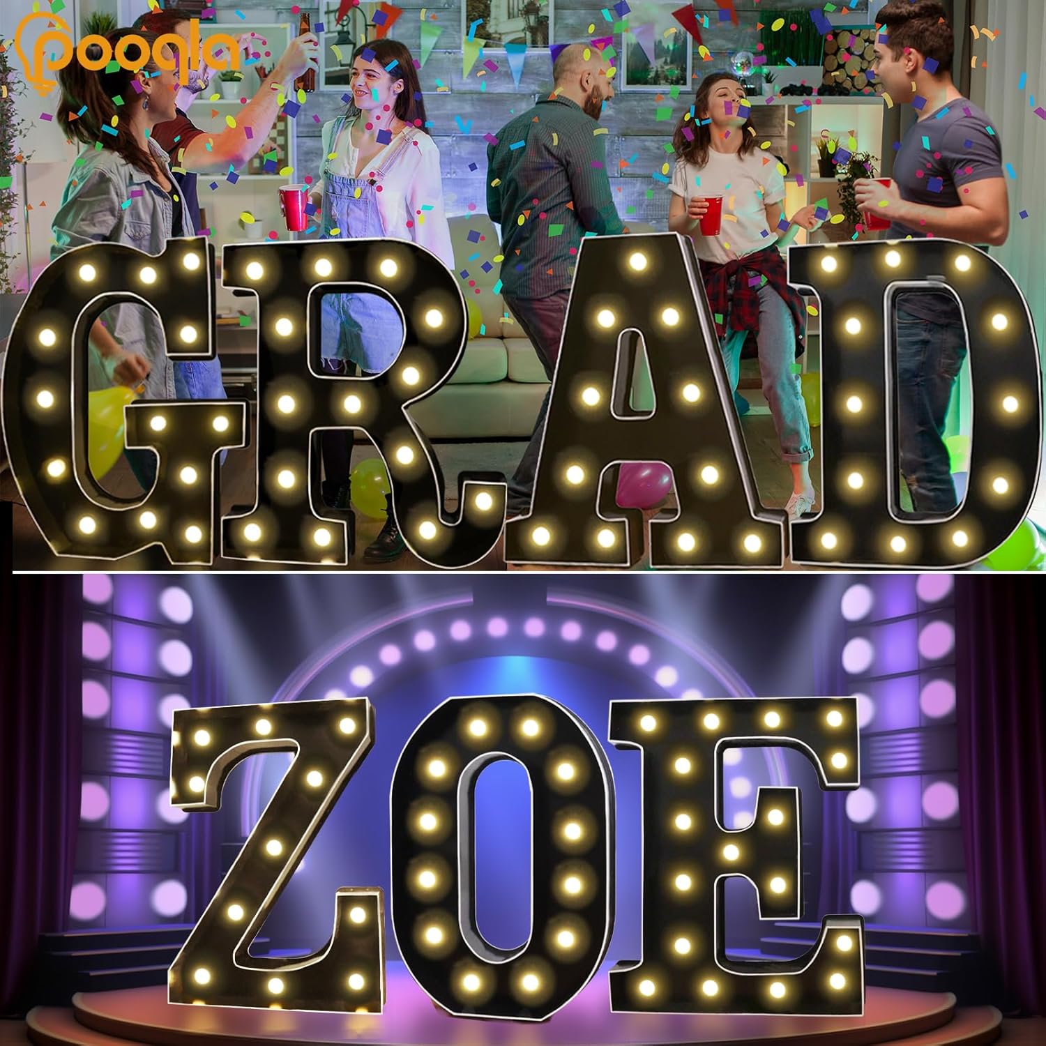 Pooqla Letras iluminadas de marquesina negra de 3 pies, letras de marquesina con luz LED grandes para decoración de fiestas, letras grandes de