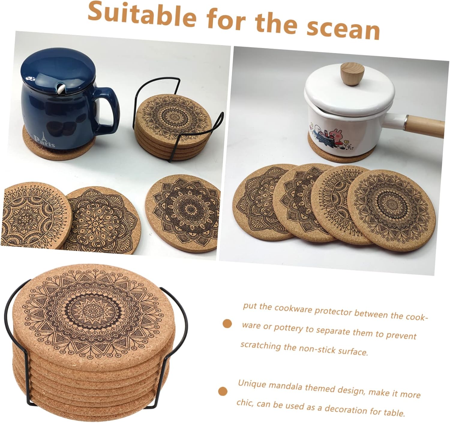 Coaster Cup Holder Set Mandala Art Coasters Coffee Cup Holder Natural Cork Coasters Drink Coasters Round Drinking Cup Cork Round Placemat Hotel Cup