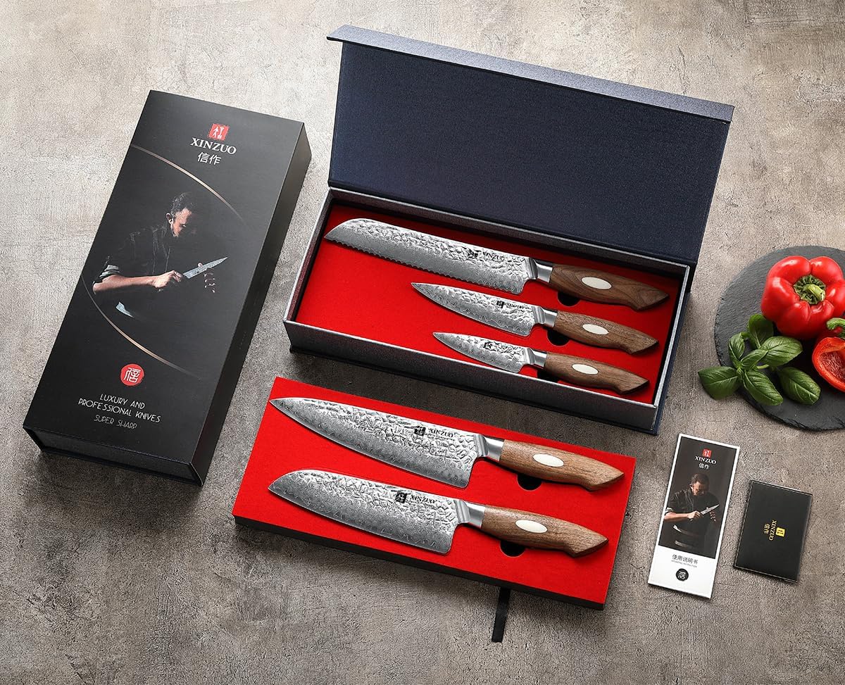 XINZUO Juego de cuchillos de cocina de 5 piezas, forjado a mano japonés AUS-10 de acero de Damasco profesional con caja de regalo, afilado de