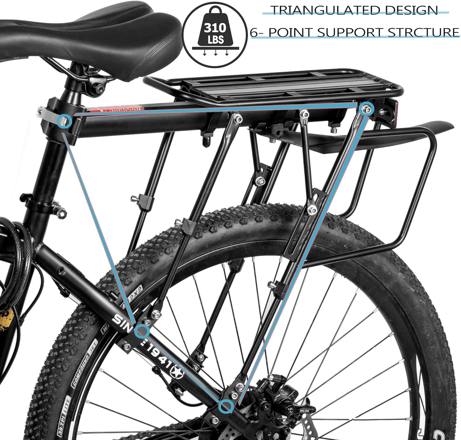Portabicicletas traseras, 310 libras de capacidad con rodamientos sólidos para bicicleta con guardabarros y reflector de gran tamaño, soportes