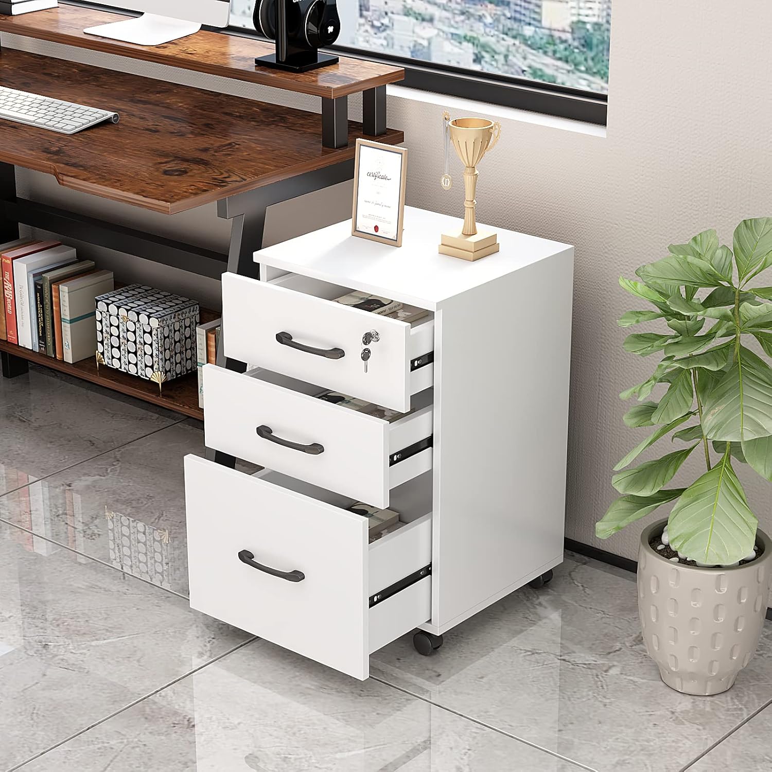 Archivador móvil de 3 cajones con cerradura, gabinete de llenado vertical blanco sobre ruedas, pequeño archivador rodante, gabinete debajo del