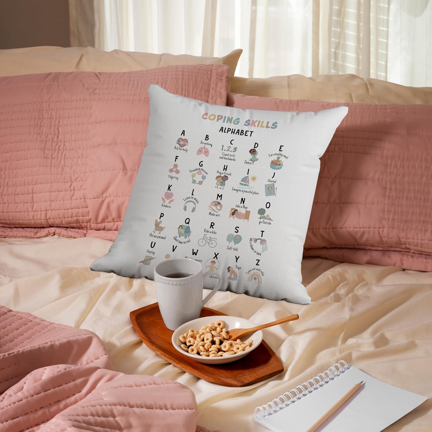 Coping Skills ABC – Fundas de almohada de 18 x 18 pulgadas, decoración de salud mental, fundas de almohada de oficina de asesoramiento, decoración