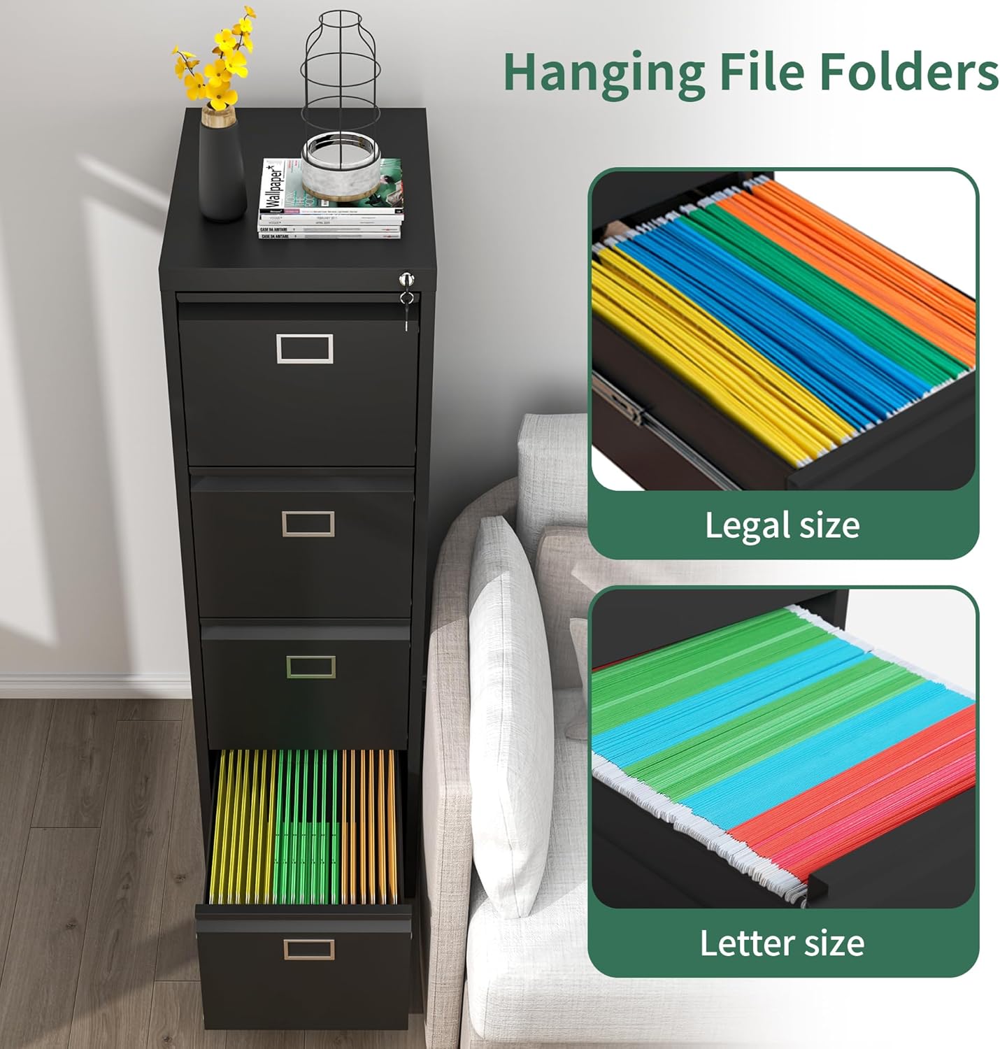 Archivador de 4 cajones, archivadores verticales de metal con cerradura para oficina en casa, archivador de acero de oficina resistente para colgar