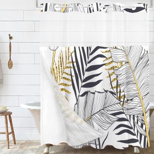 Sanzugh Cortina de ducha con forro a presión, diseño de hojas doradas, sin gancho, juego de cortinas de ducha de tela sin gancho para baño, cortina Sanzugh Cortina de ducha con forro a presión, diseño de hojas doradas, sin gancho, juego de cortinas de ducha de tela sin gancho para baño, cortina