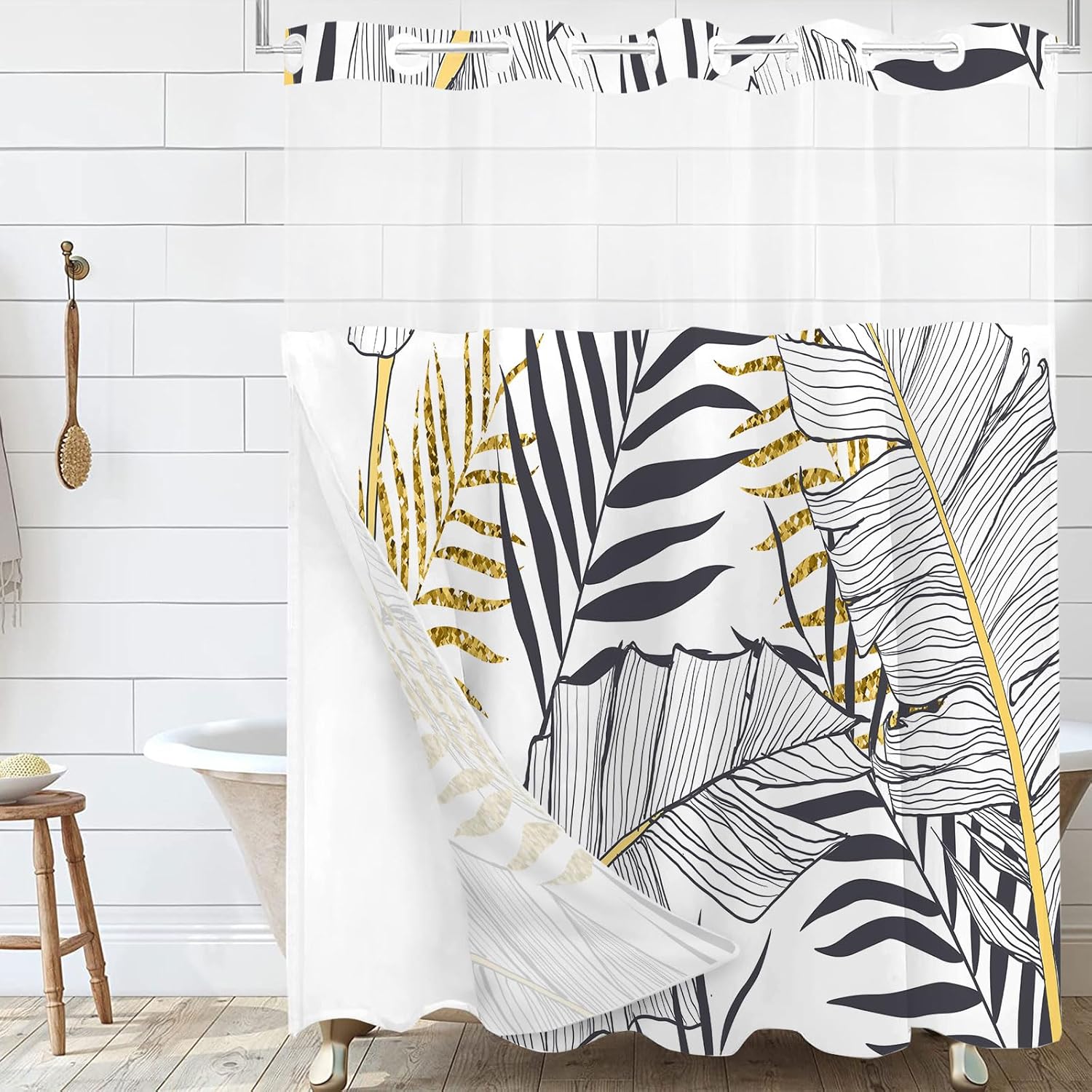 Sanzugh Cortina de ducha con forro a presión, diseño de hojas doradas, sin gancho, juego de cortinas de ducha de tela sin gancho para baño, cortina