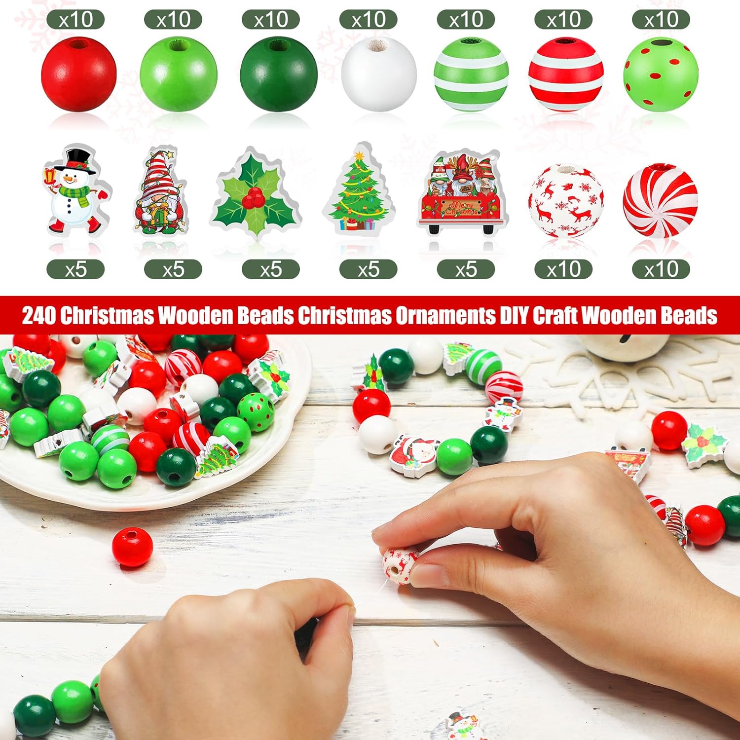 FairySandy 240 cuentas de madera de Navidad para manualidades, cuentas de madera para manualidades, 0.63 pulgadas, colgantes, rojo, verde, blanco,