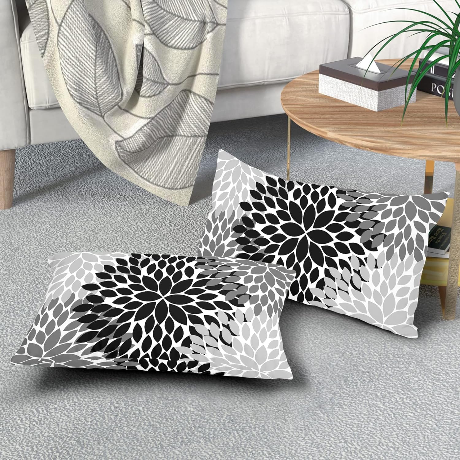 Juego de 2 fundas de almohada negras de 12 x 20 pulgadas, color negro, blanco, gris, dalias florales, geométricas, lumbar, fundas de almohada para