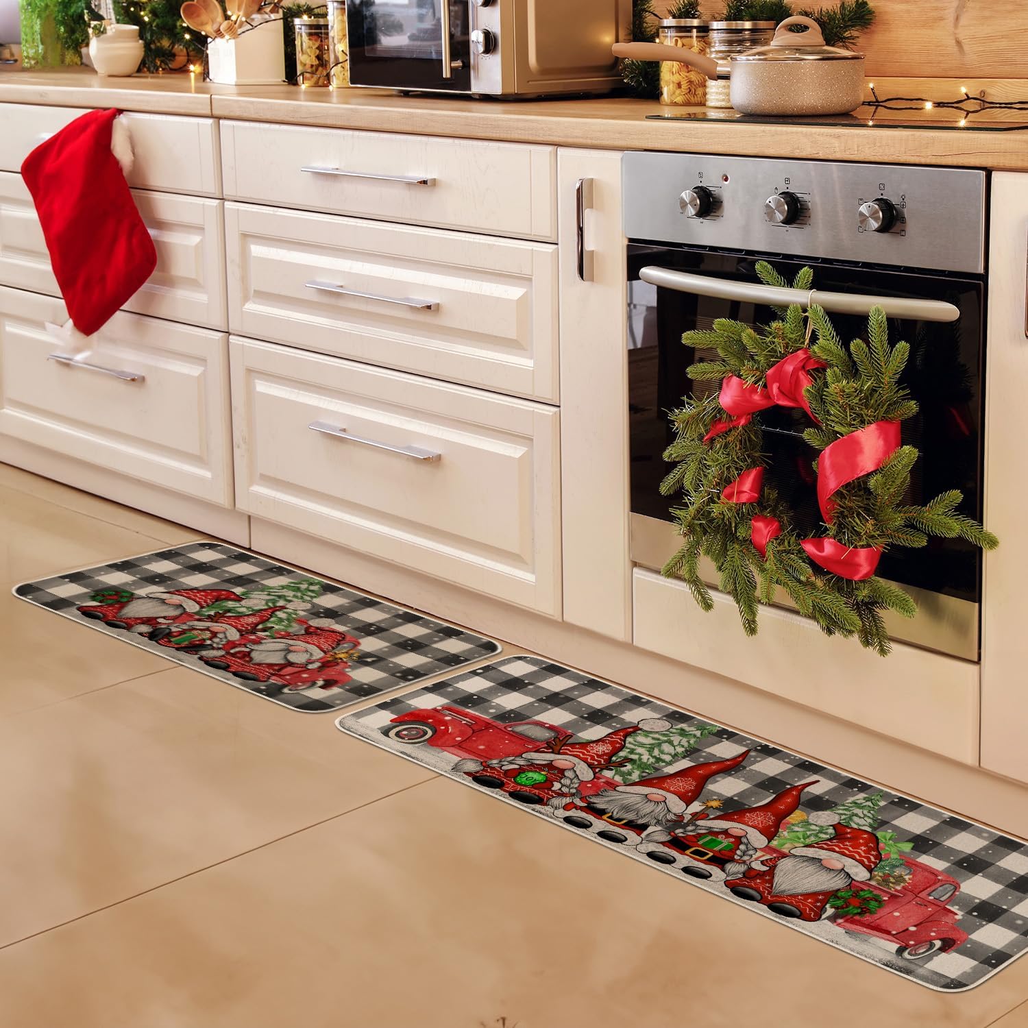 Juego de 2 alfombras de cocina de gnomo de Navidad con diseño de búfalo navideño, tapete de goma antideslizante para puerta de bienvenida para el